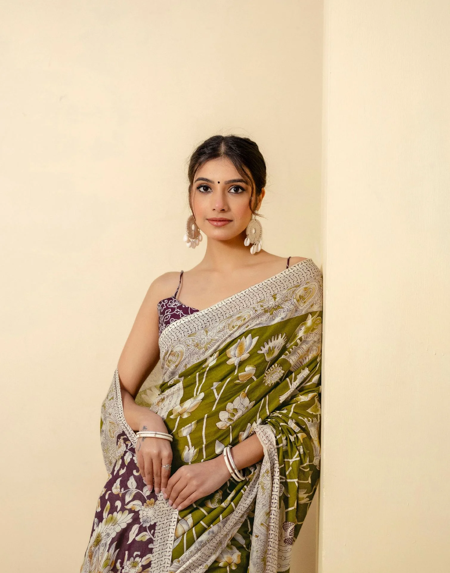 Ready To Wear Olive Green Cotton Printed Saree - Image 5