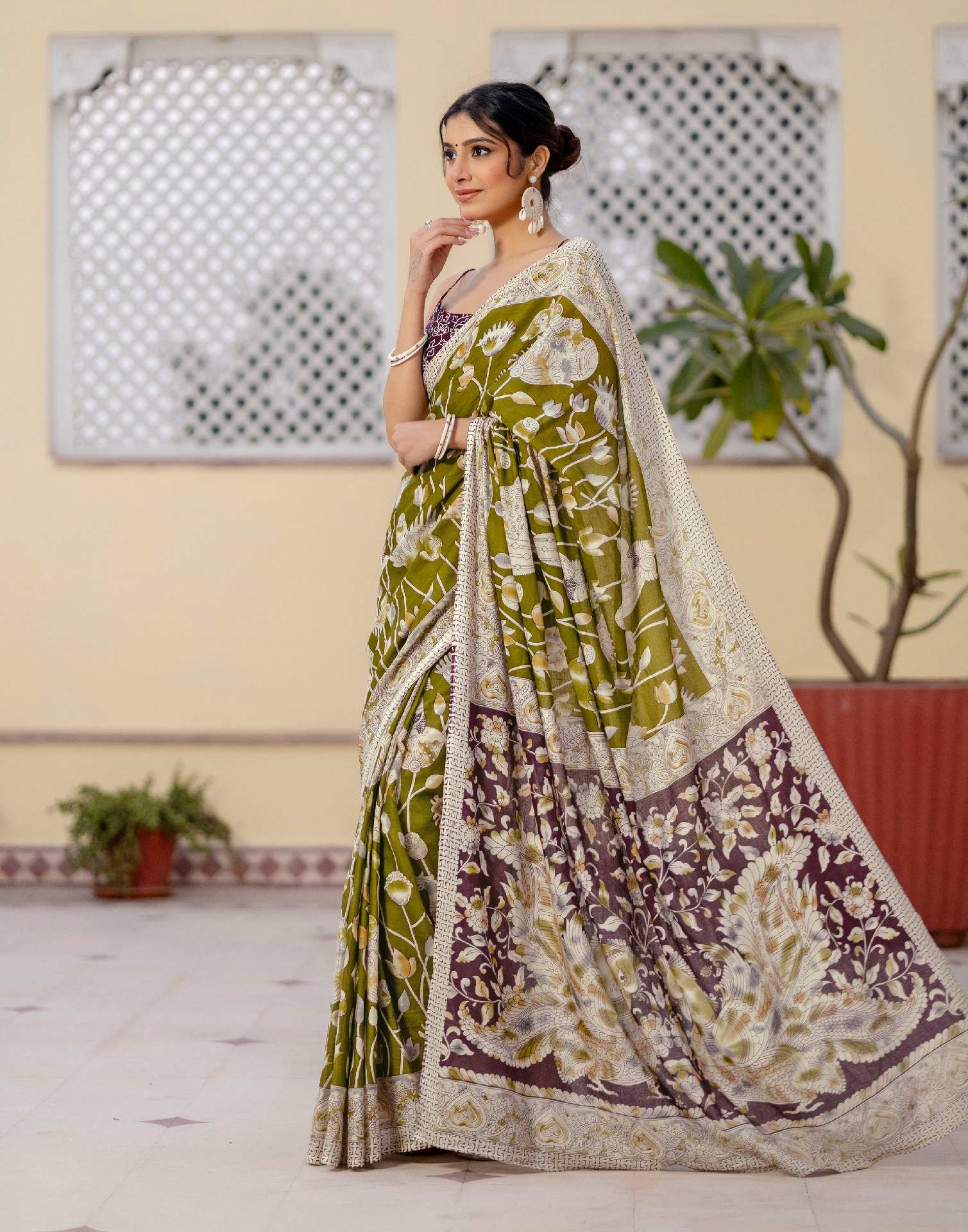Ready To Wear Olive Green Cotton Printed Saree - Image 6