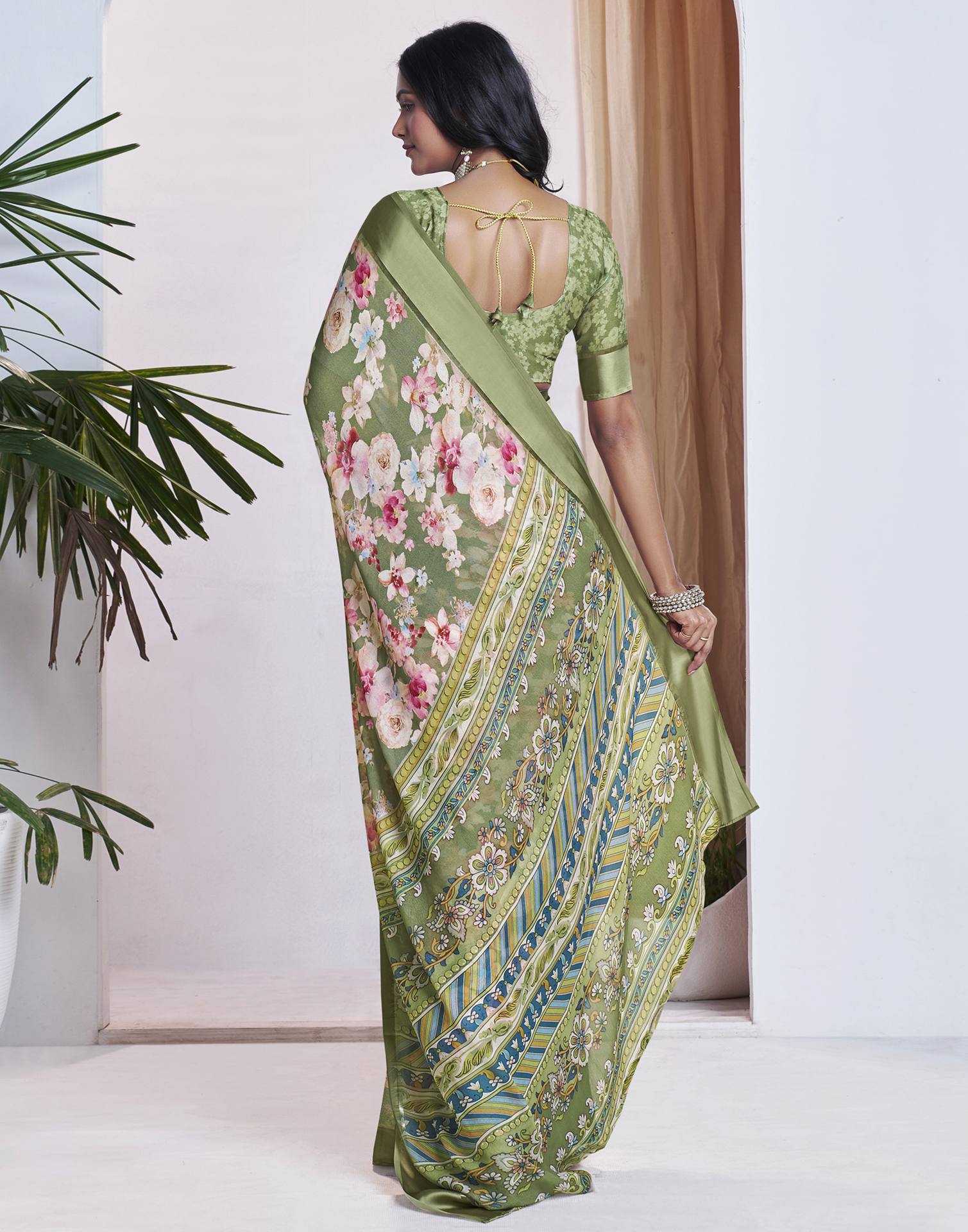 Ready To Wear Olive Green Georgette Floral Printed Saree - Image 7