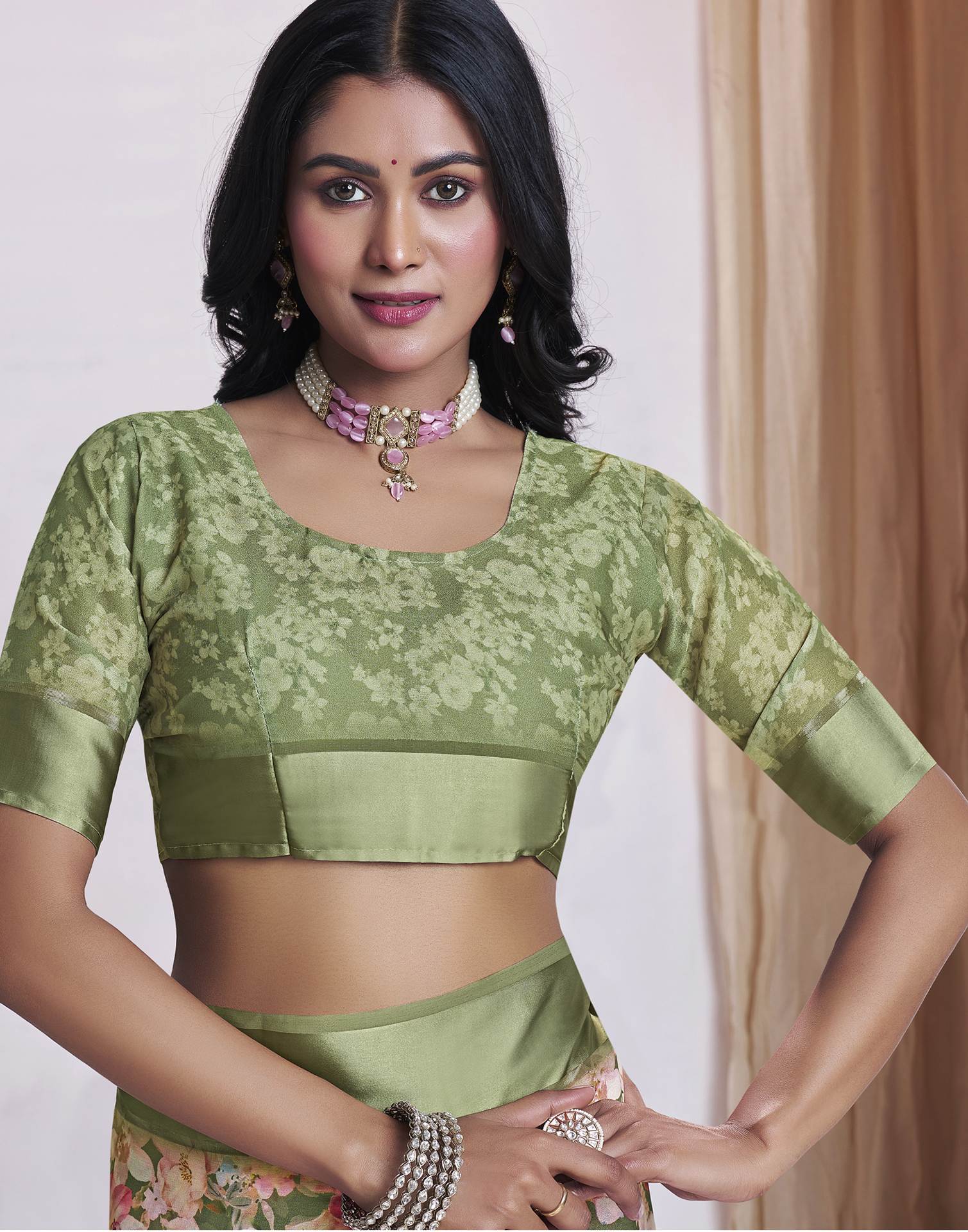Ready To Wear Olive Green Georgette Floral Printed Saree - Image 9