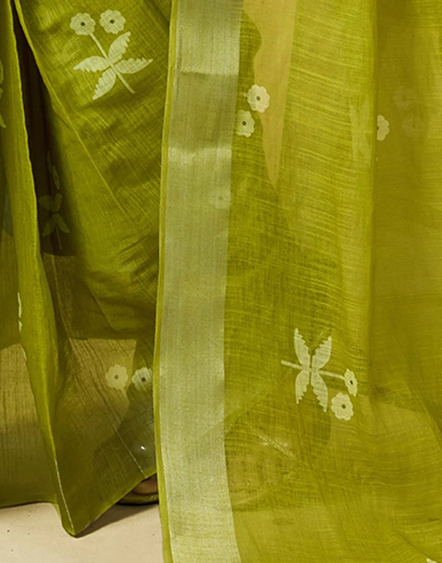 Ready to Wear Olive Green Linen Zari Printed Saree - Image 10