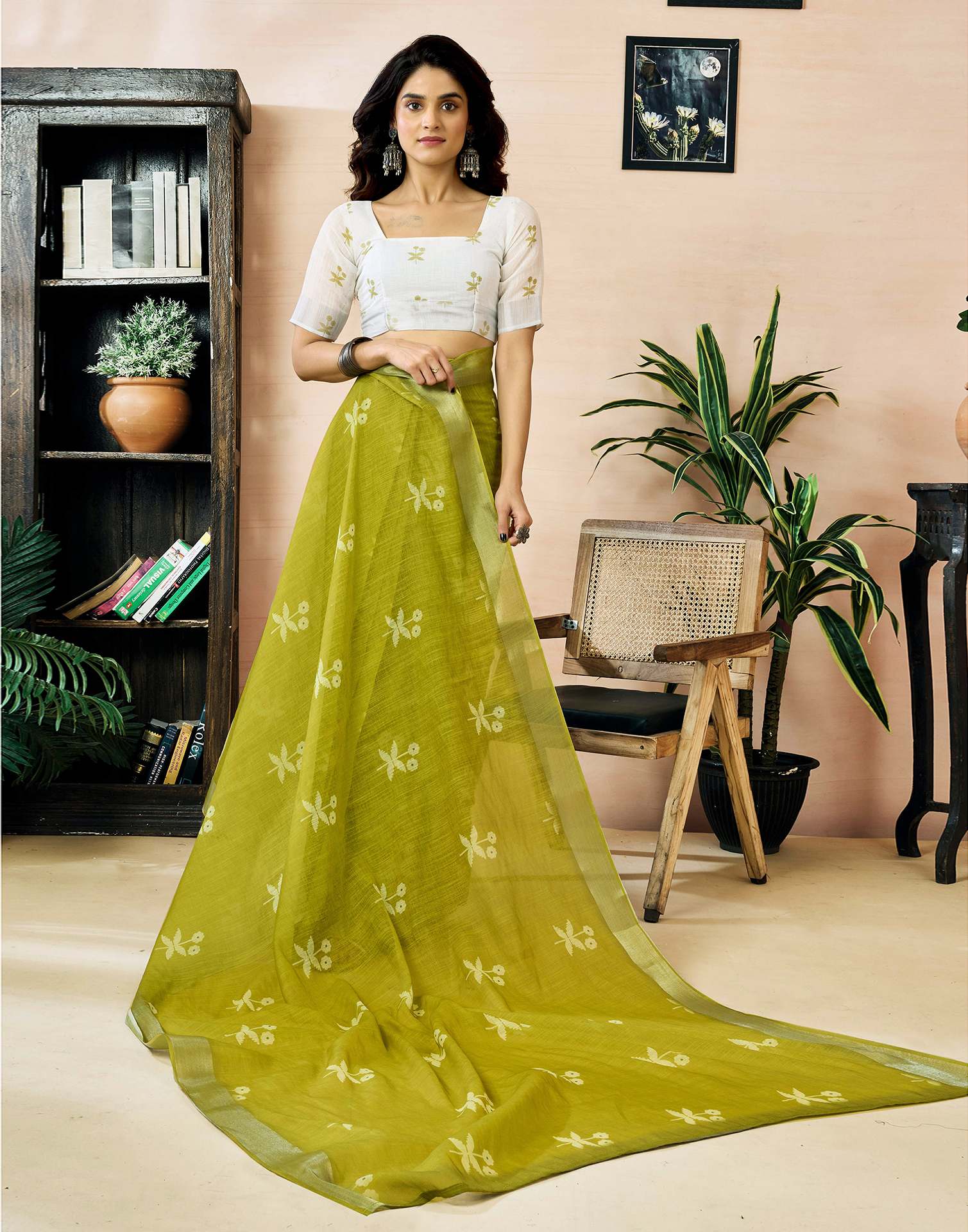 Ready to Wear Olive Green Linen Zari Printed Saree - Image 8