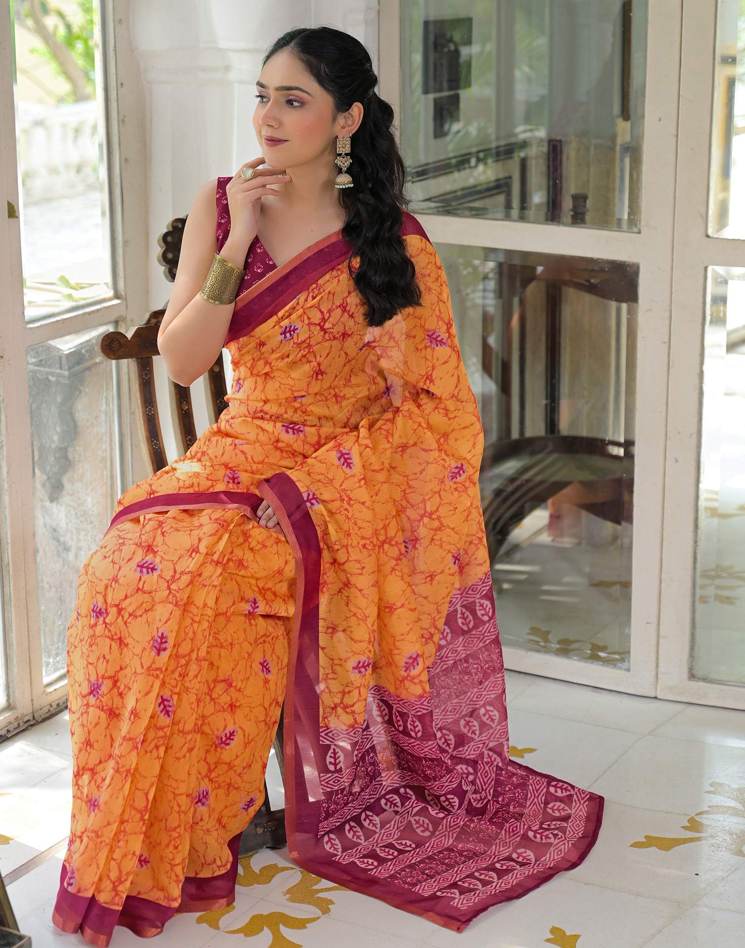 Ready To Wear Orange Cotton Linen Printed Saree - Image 4