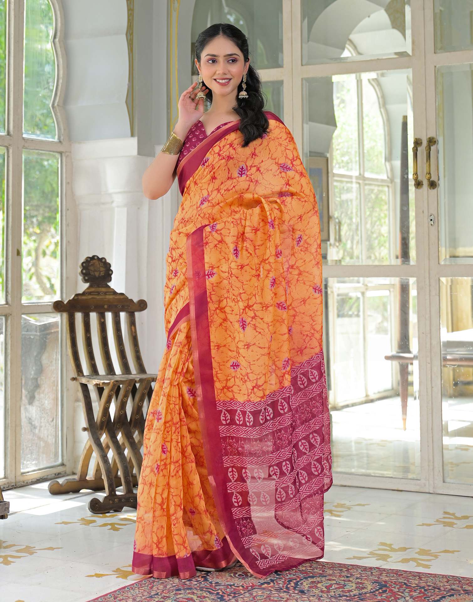 Ready To Wear Orange Cotton Linen Printed Saree - Image 5