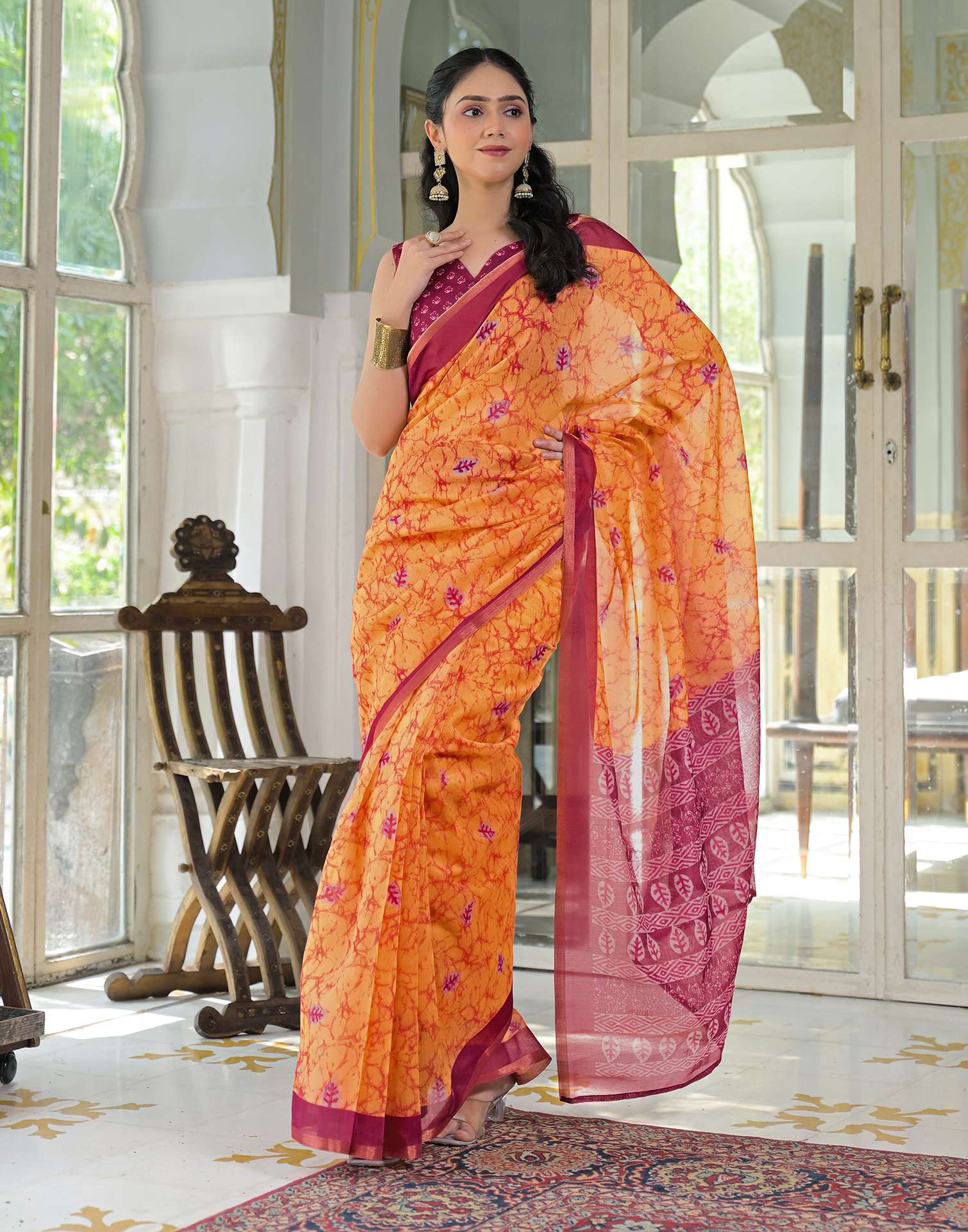 Ready To Wear Orange Cotton Linen Printed Saree - Image 6