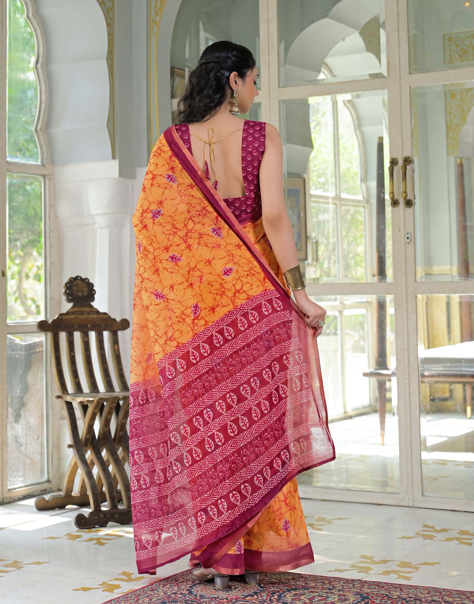 Ready To Wear Orange Cotton Linen Printed Saree - Image 7