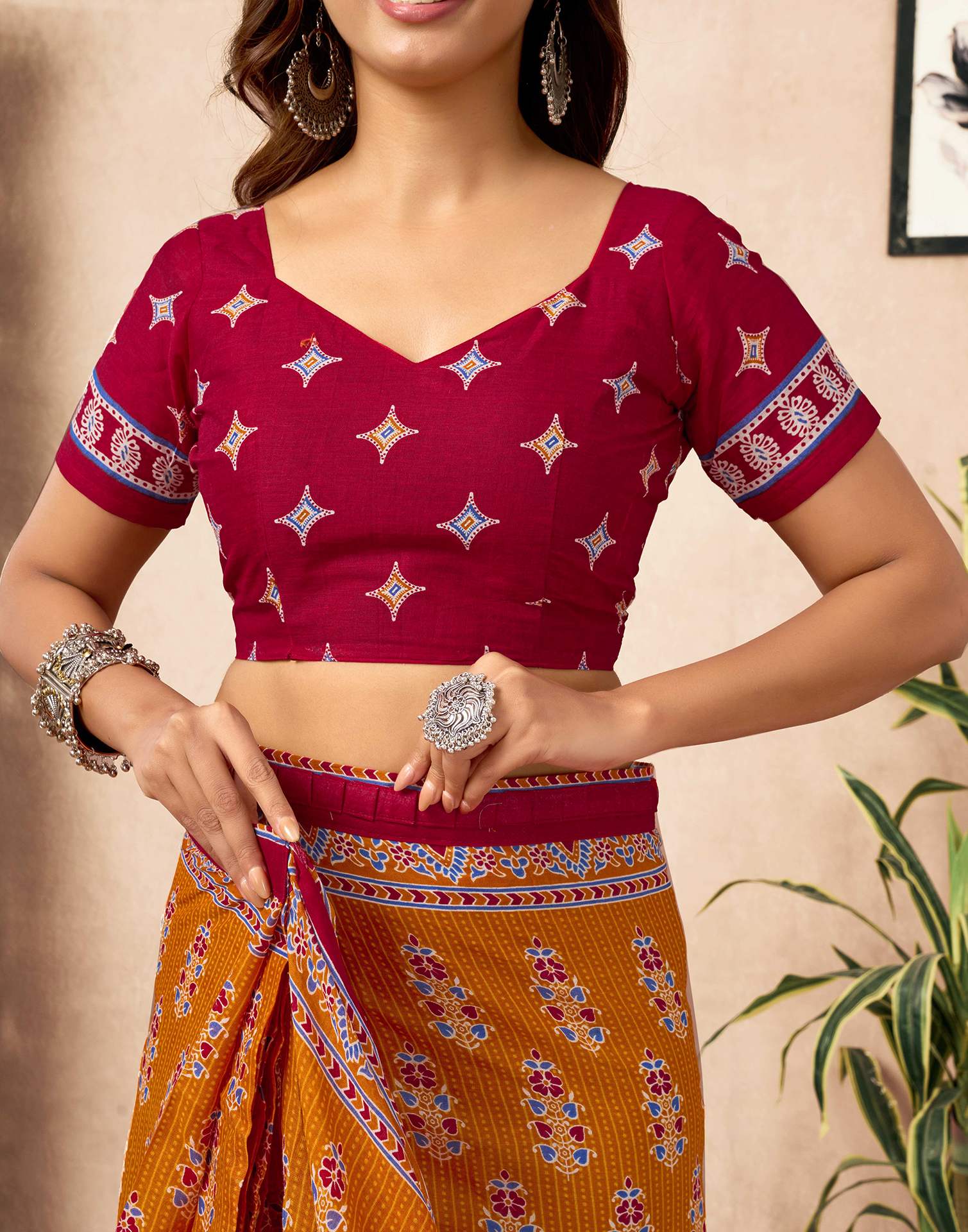 Ready To Wear Orange Cotton Printed Saree - Image 2