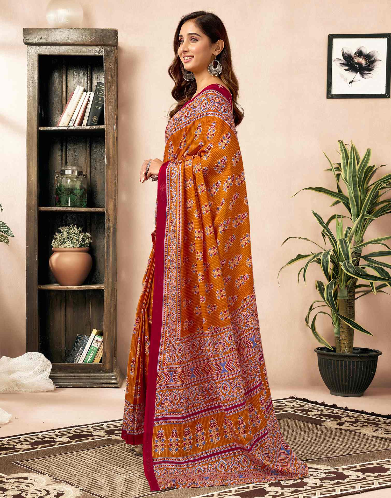 Ready To Wear Orange Cotton Printed Saree - Image 5