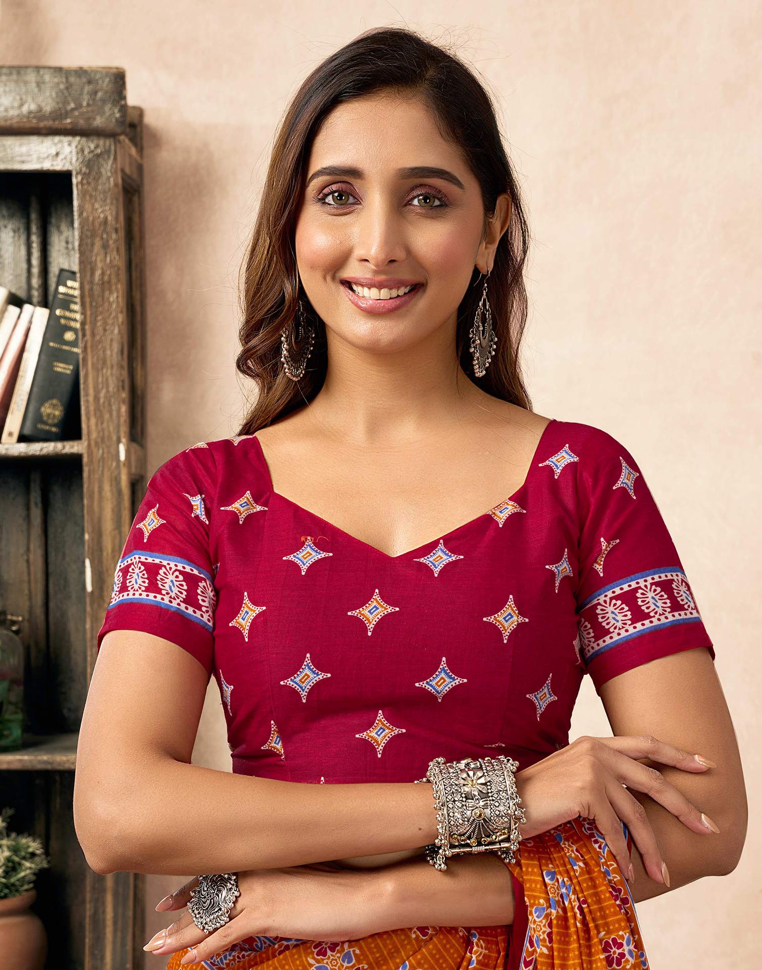 Ready To Wear Orange Cotton Printed Saree - Image 9