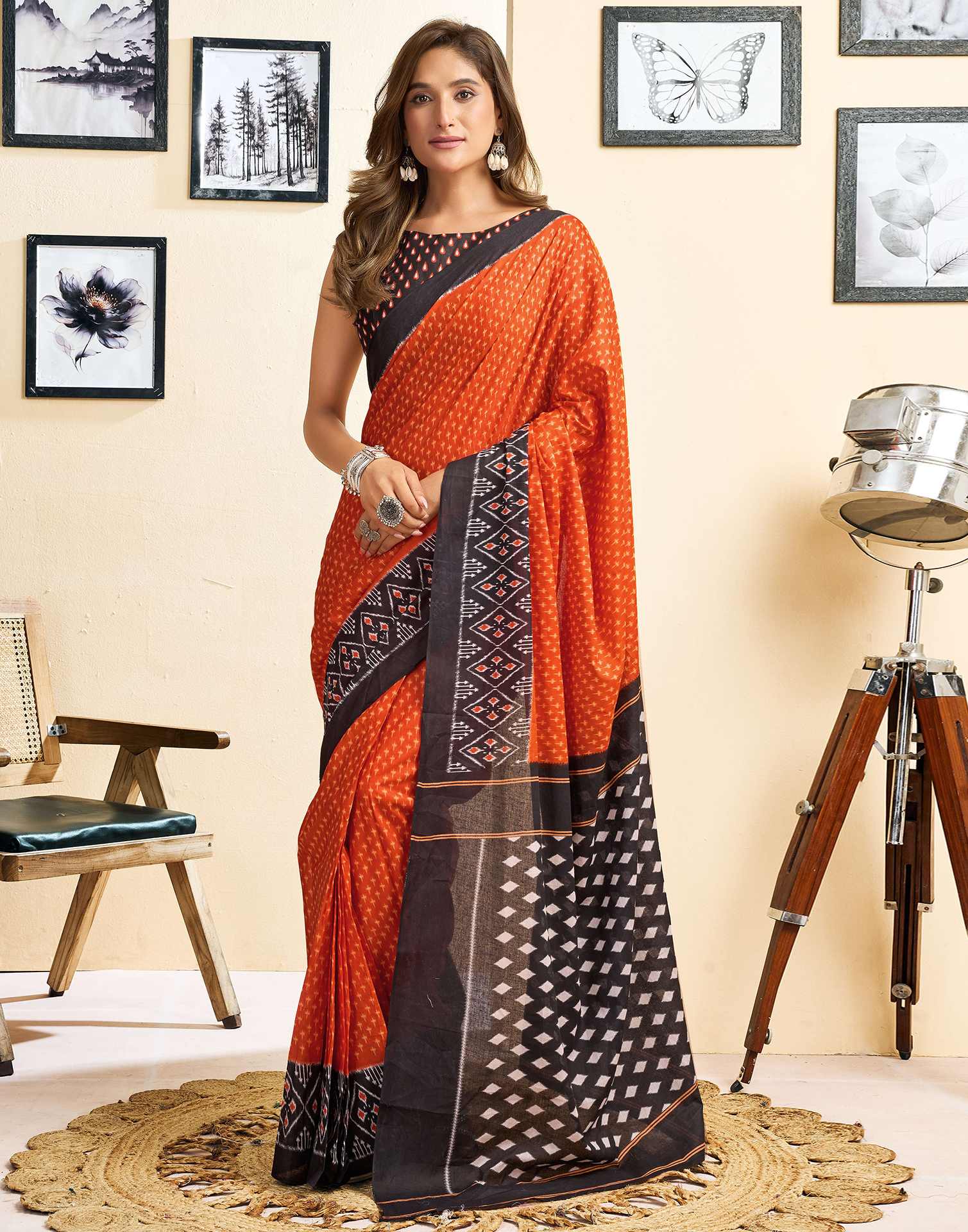 Ready To Wear Orange Cotton Printed Saree - Image 2