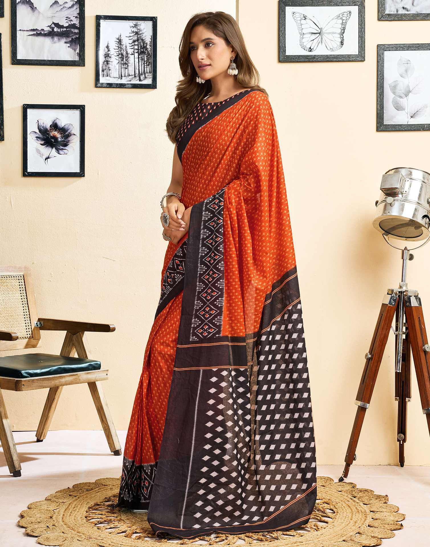 Ready To Wear Orange Cotton Printed Saree - Image 5
