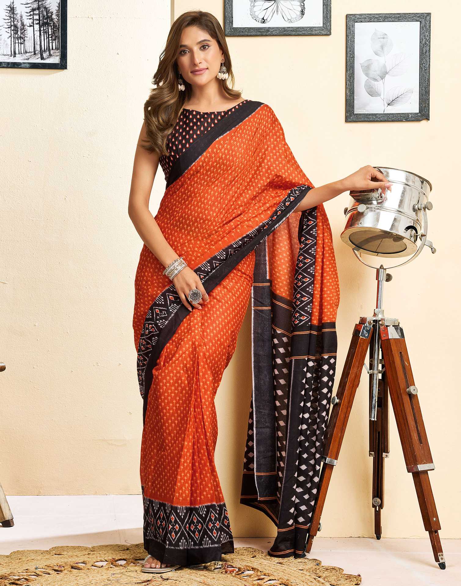 Ready To Wear Orange Cotton Printed Saree - Image 6