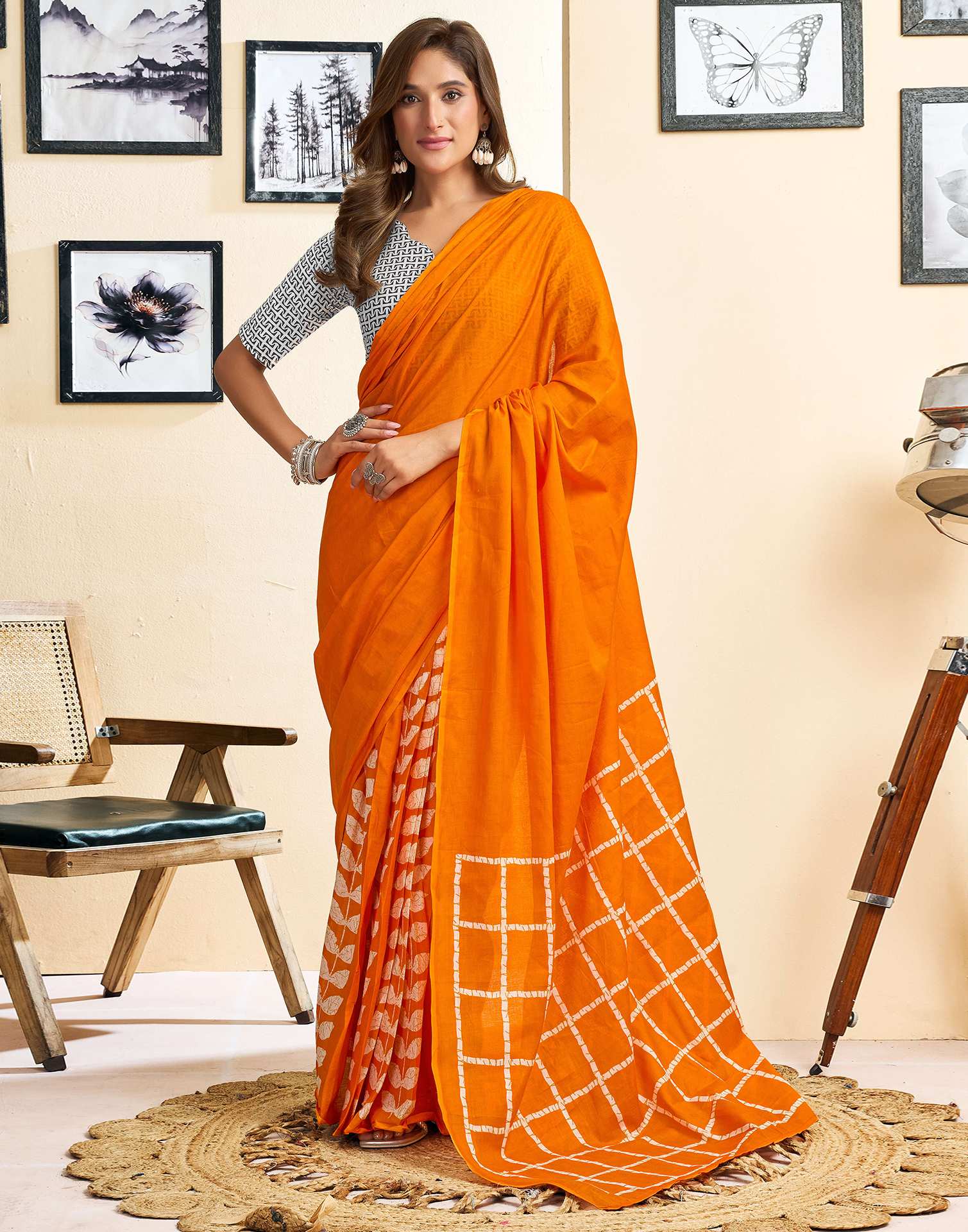 Ready To Wear Orange Cotton Printed Saree - Image 2