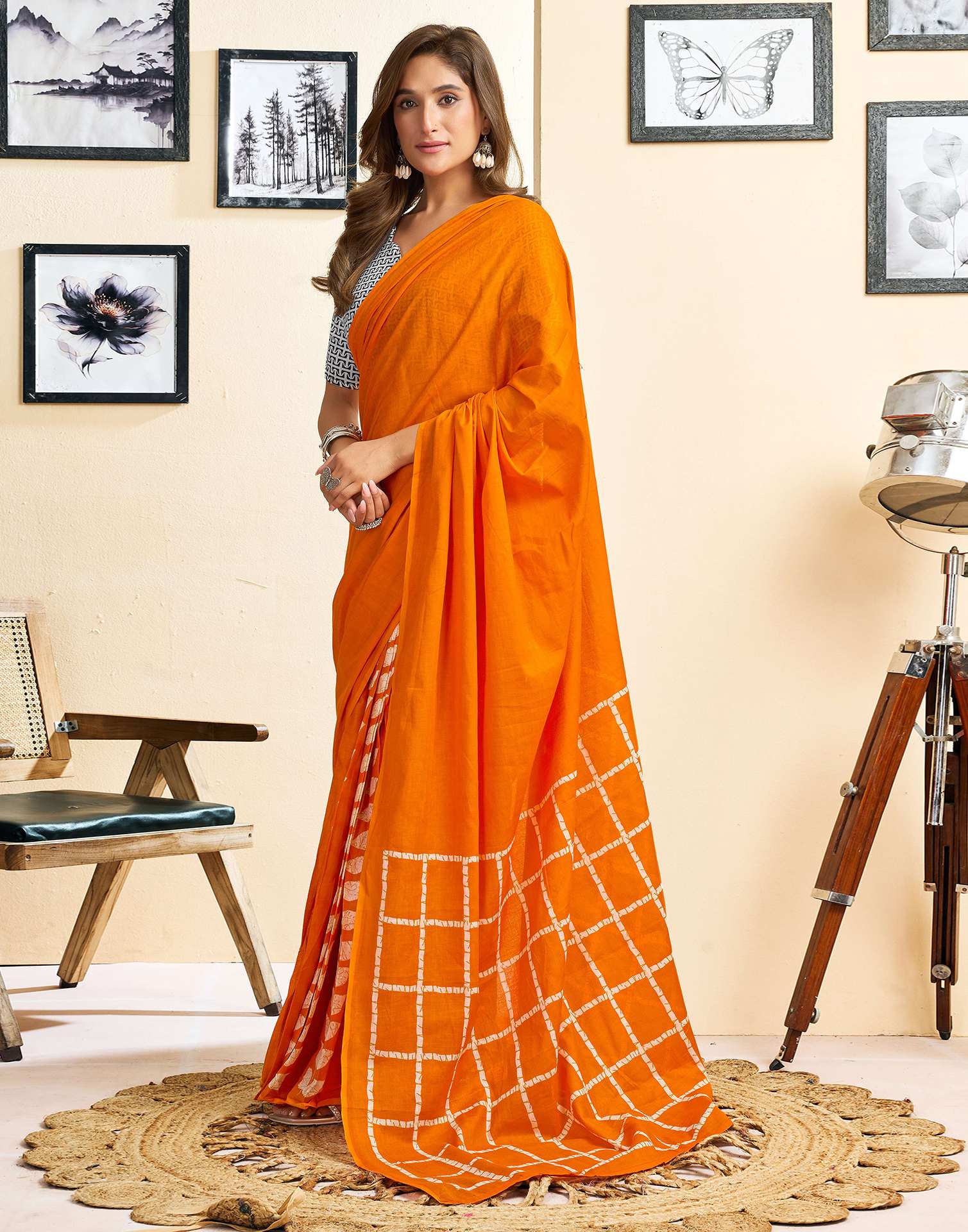 Ready To Wear Orange Cotton Printed Saree - Image 5