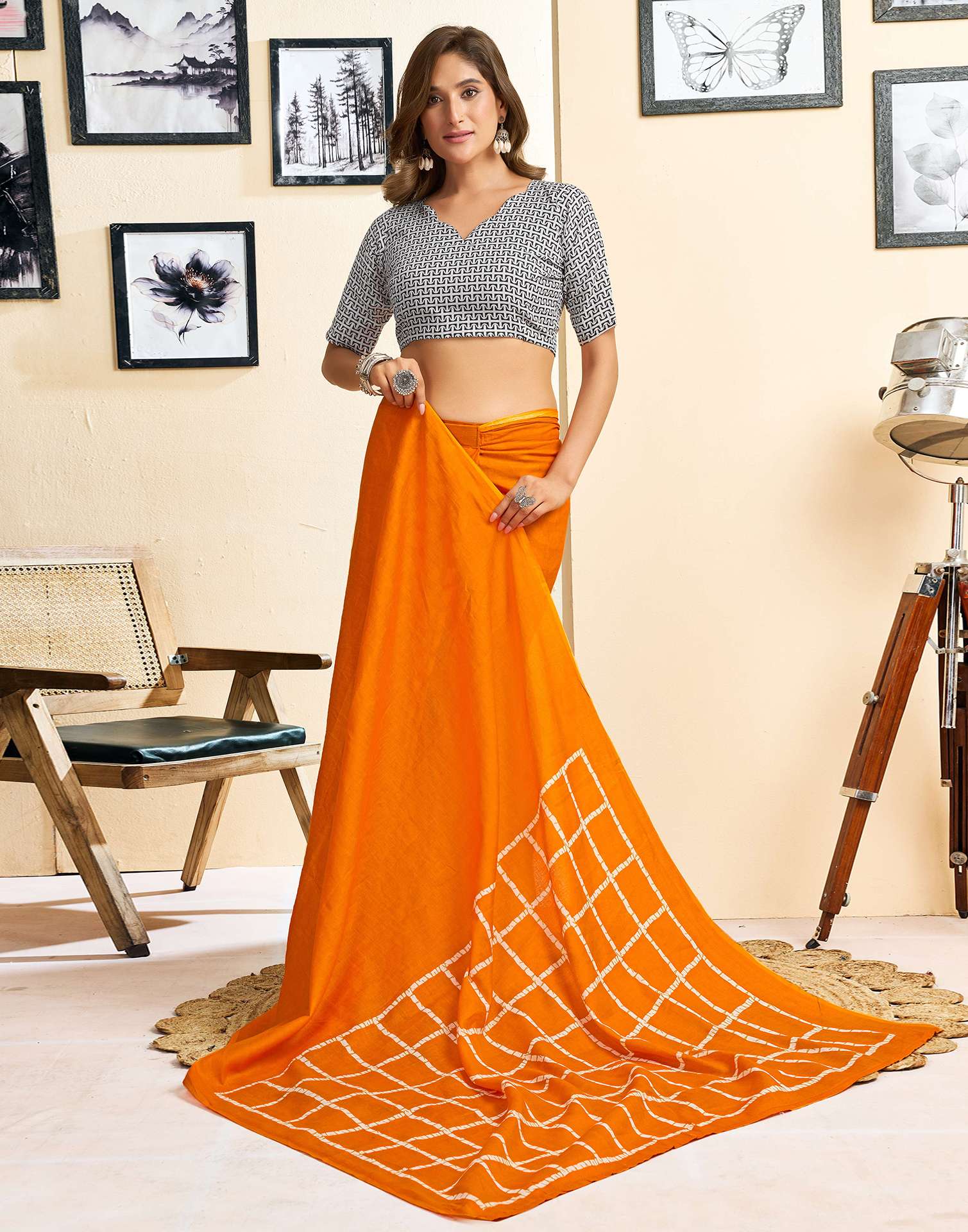 Ready To Wear Orange Cotton Printed Saree - Image 8