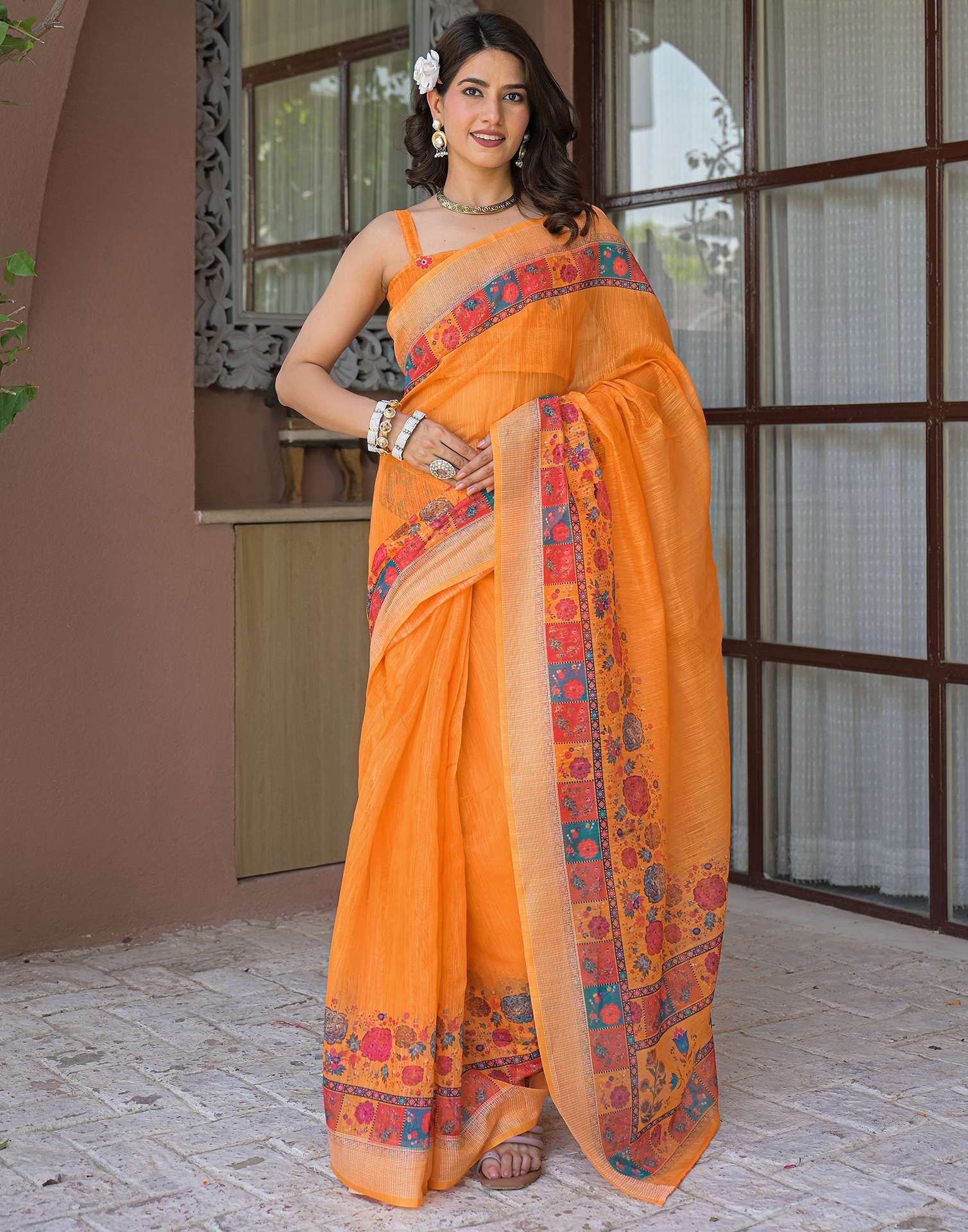 Ready To Wear Orange Linen Printed Embroidery Border Saree - Image 3