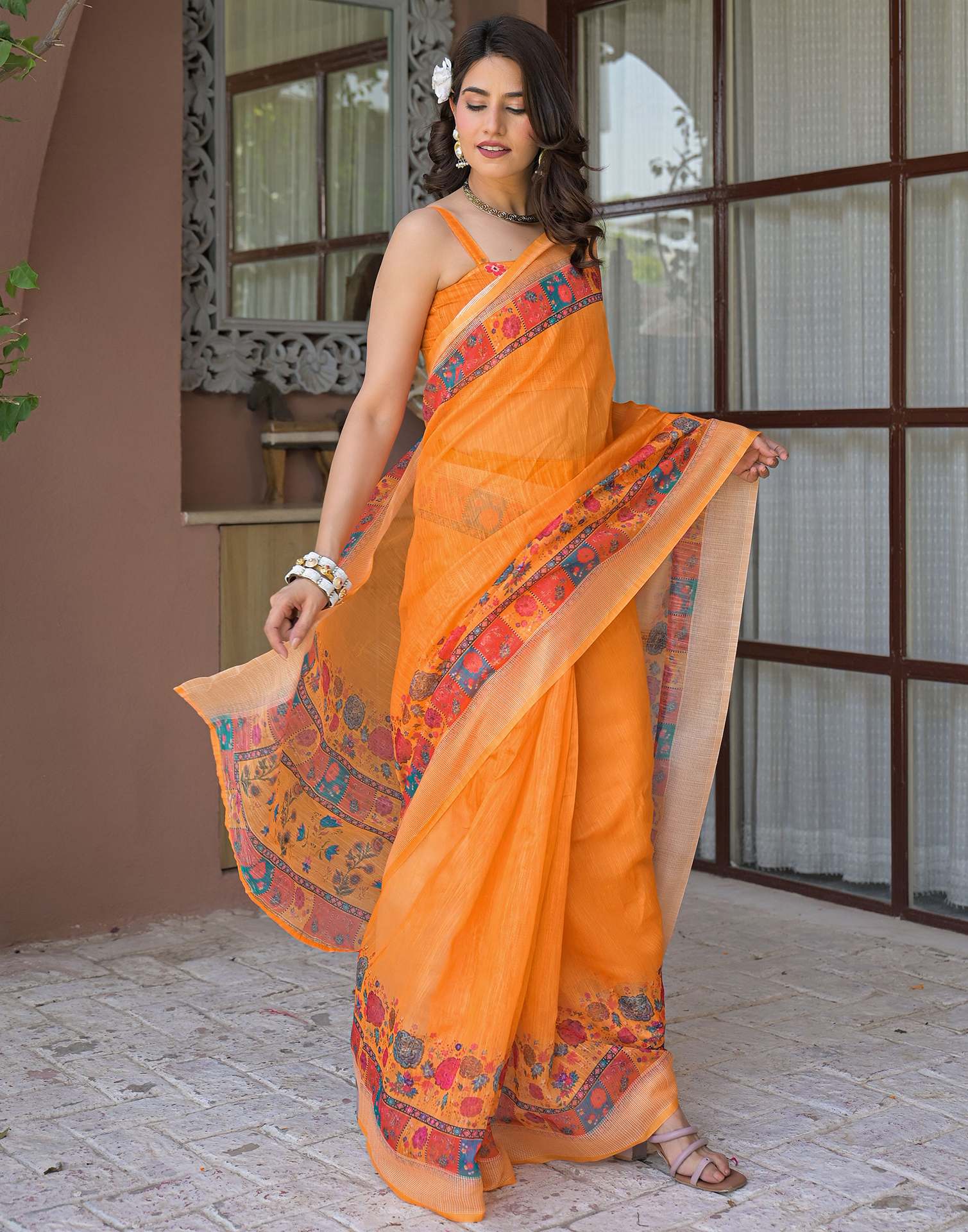Ready To Wear Orange Linen Printed Embroidery Border Saree - Image 5