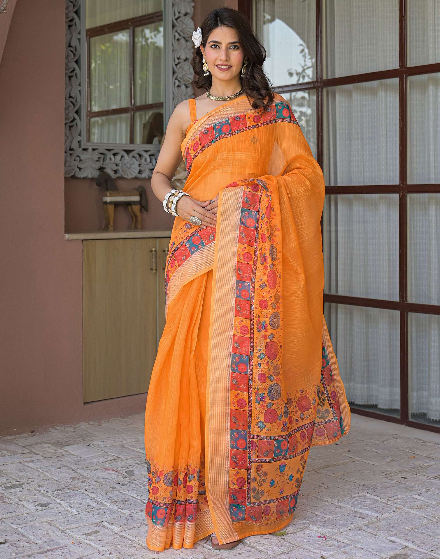 Ready To Wear Orange Linen Printed Embroidery Border Saree - Image 8