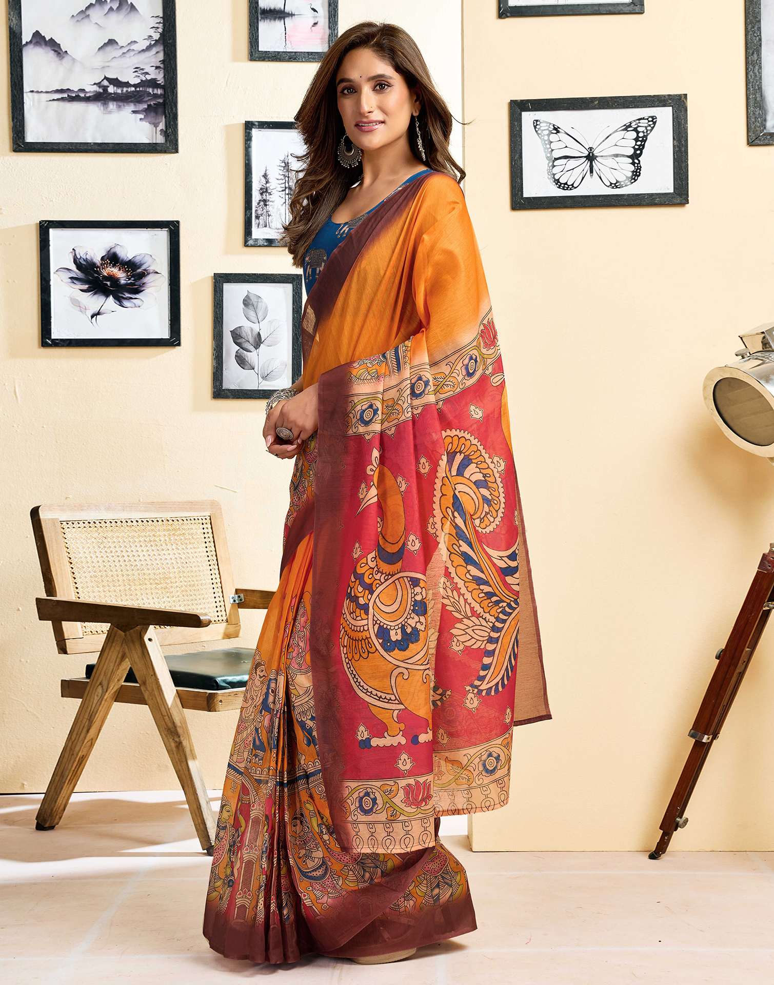 Ready To Wear Orange Linen Printed Saree - Image 6
