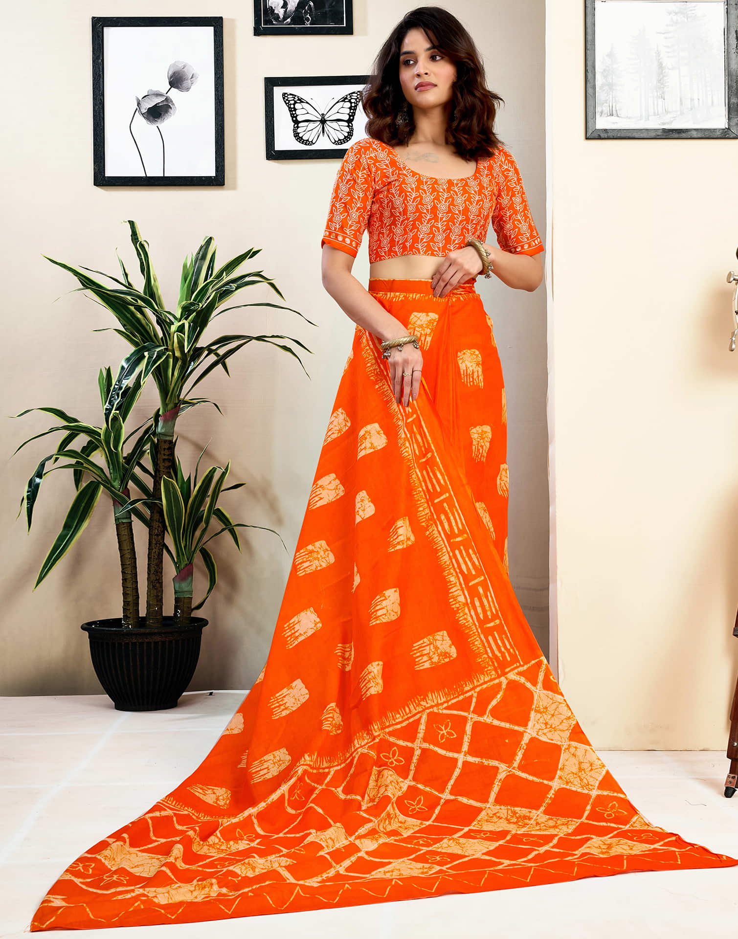 Ready To Wear Orange Pure Cotton Printed Saree With Pocket - Image 9