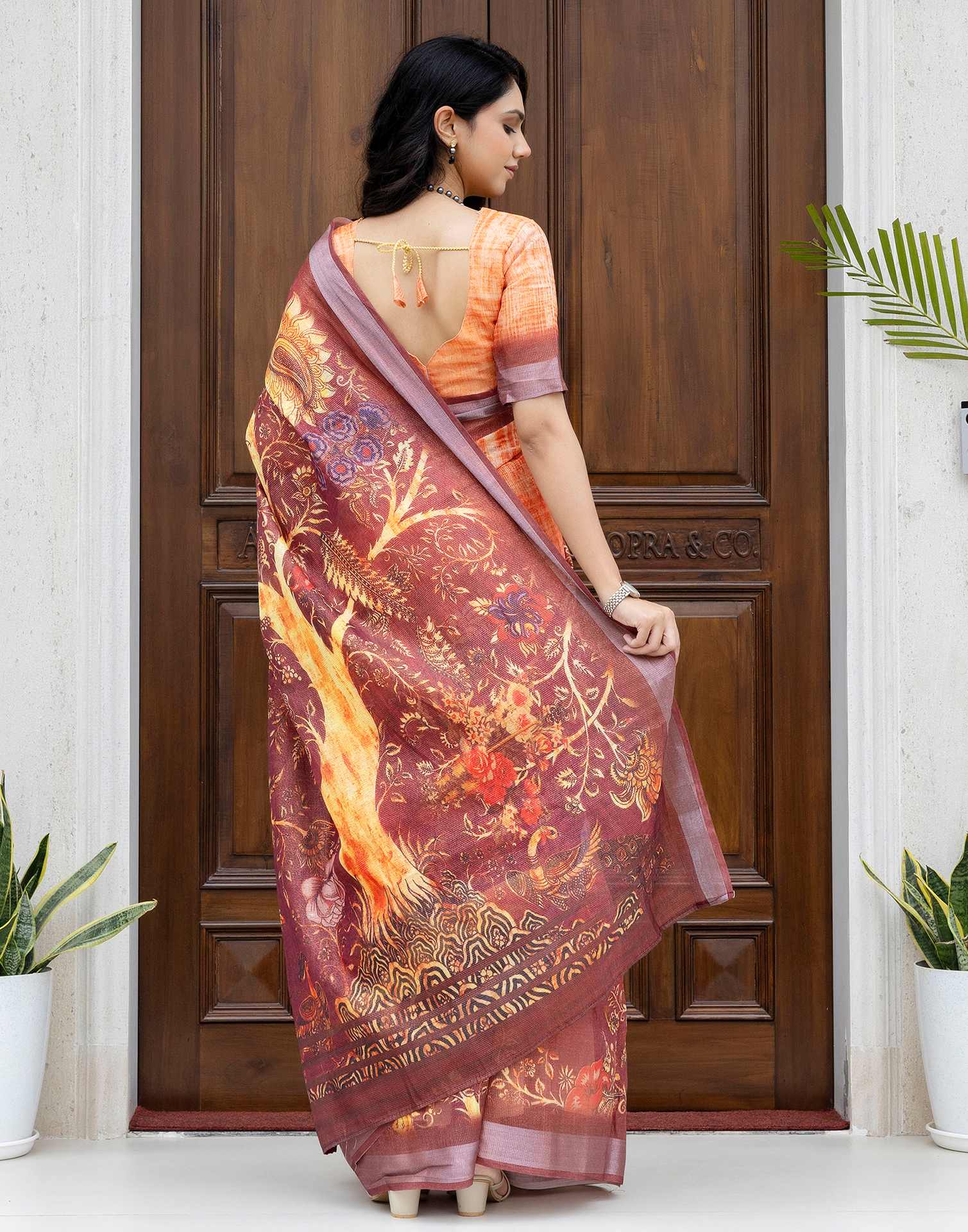 Ready To Wear Orange Silk Printed Saree - Image 7