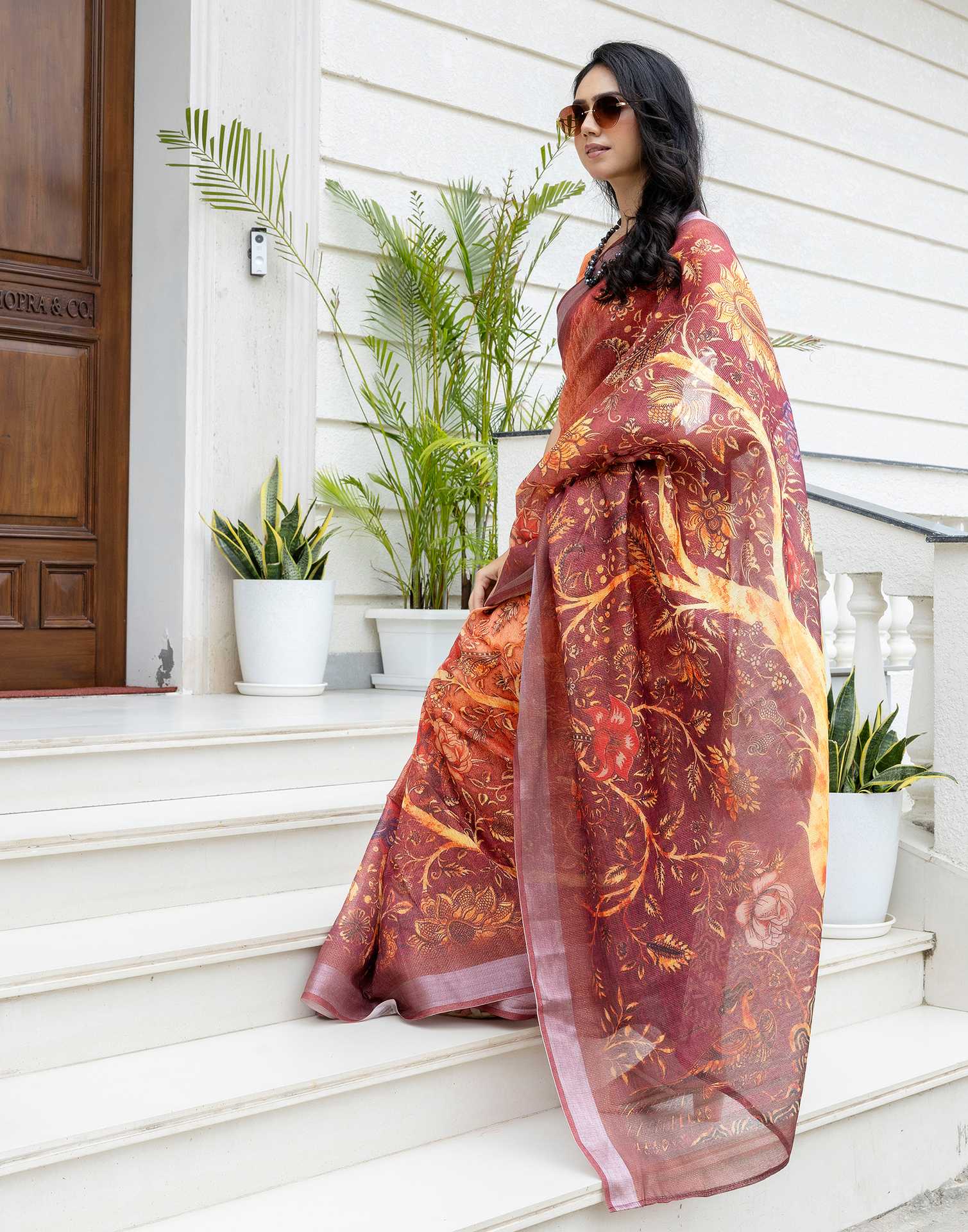 Ready To Wear Orange Silk Printed Saree - Image 8