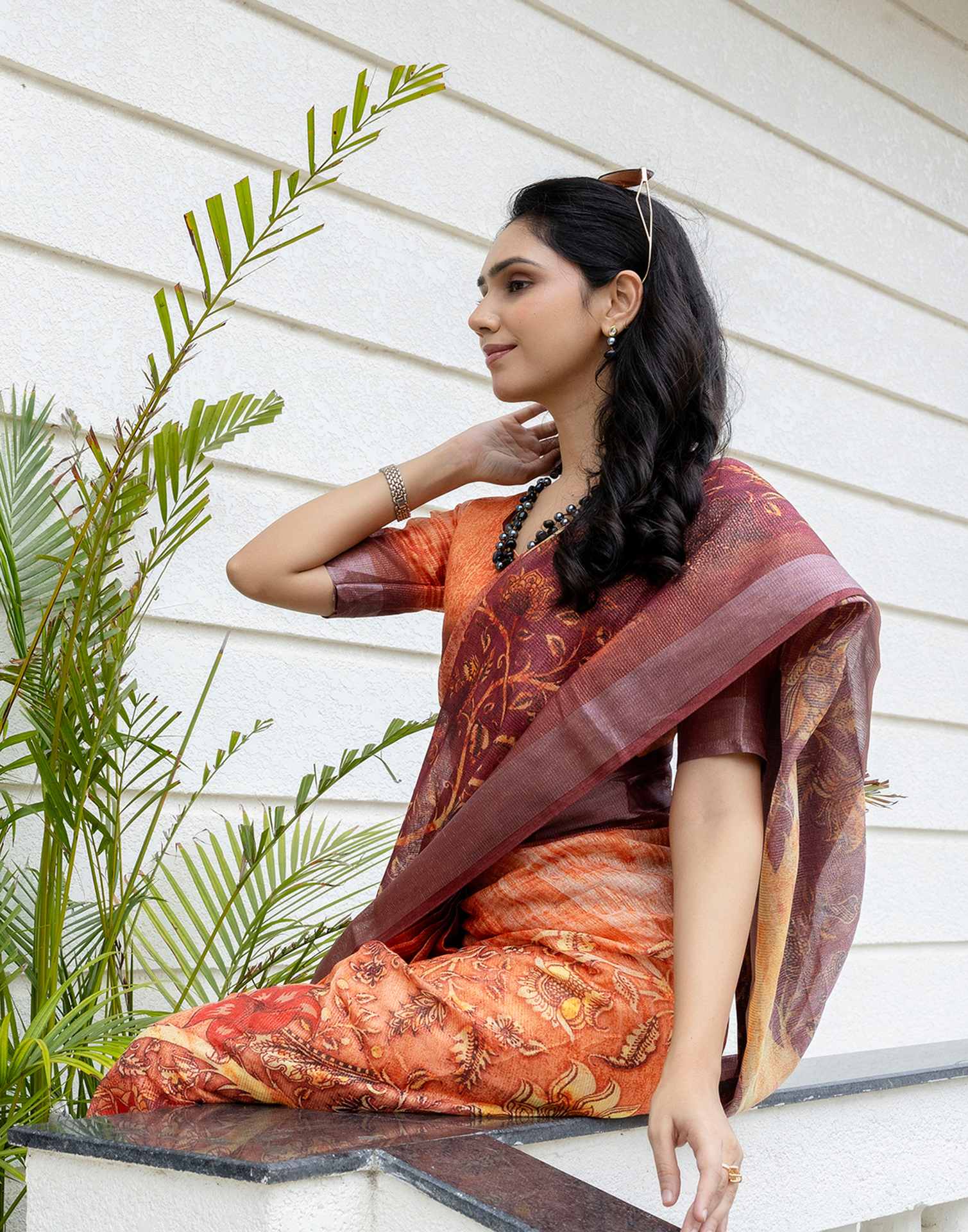Ready To Wear Orange Silk Printed Saree - Image 9