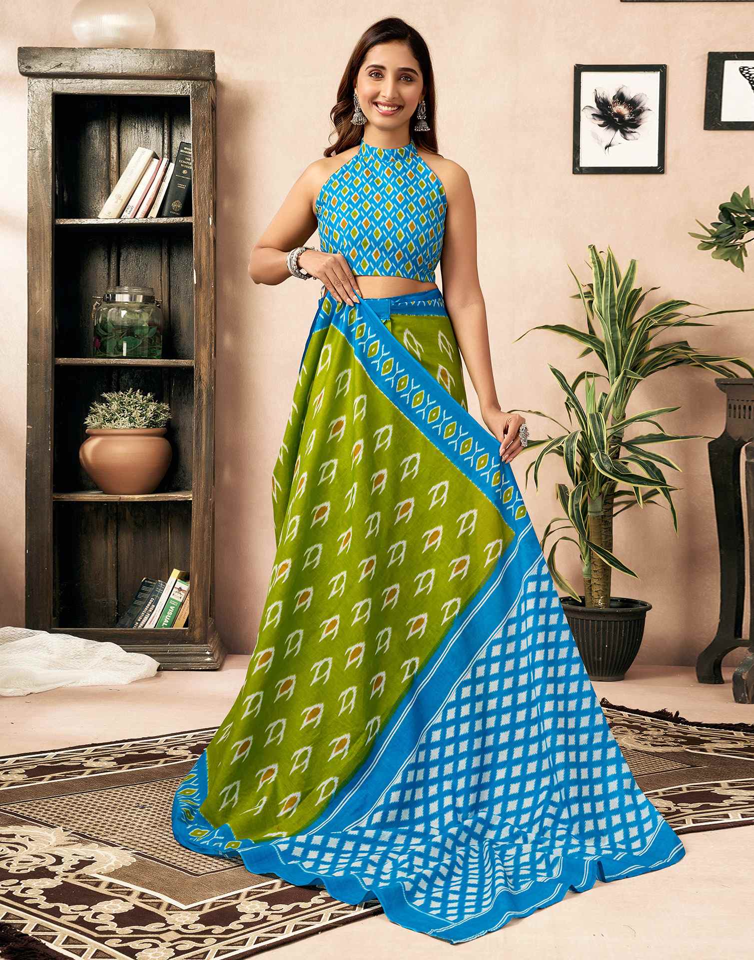 Ready To Wear Parrot Green Cotton Printed Saree - Image 2