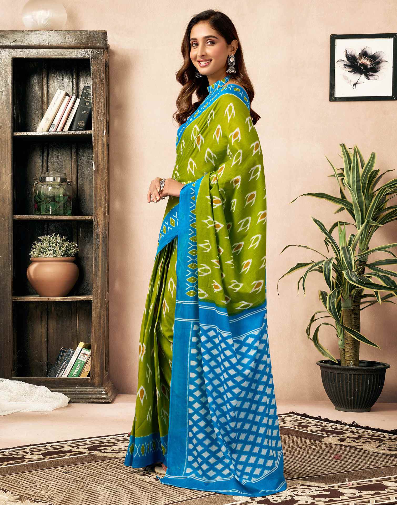 Ready To Wear Parrot Green Cotton Printed Saree - Image 6