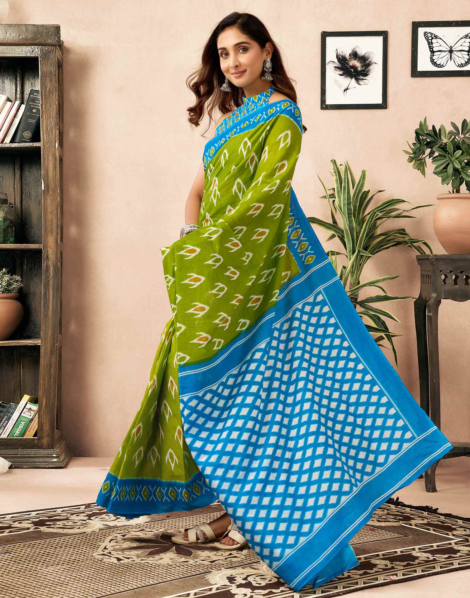 Ready To Wear Parrot Green Cotton Printed Saree - Image 7