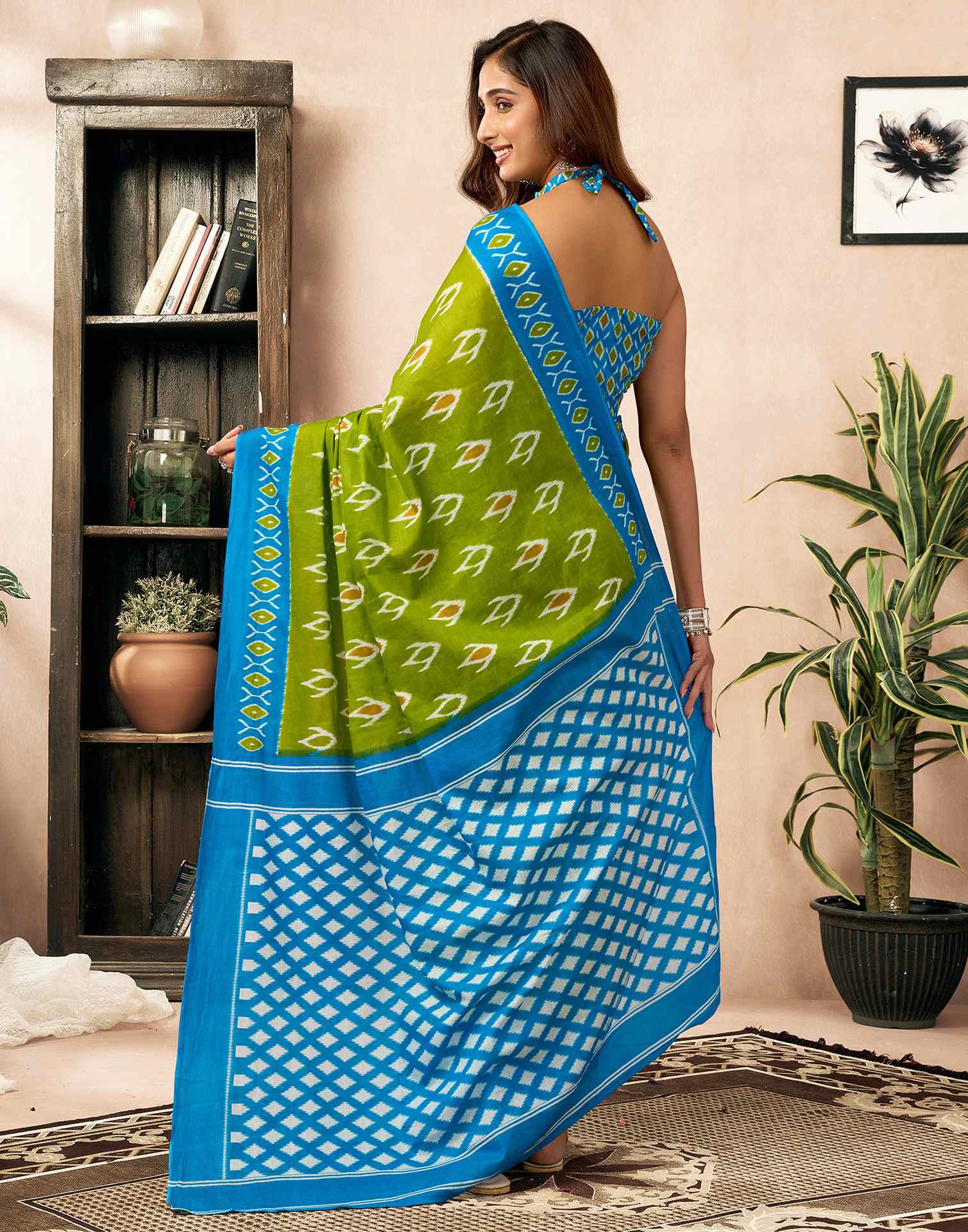 Ready To Wear Parrot Green Cotton Printed Saree - Image 8