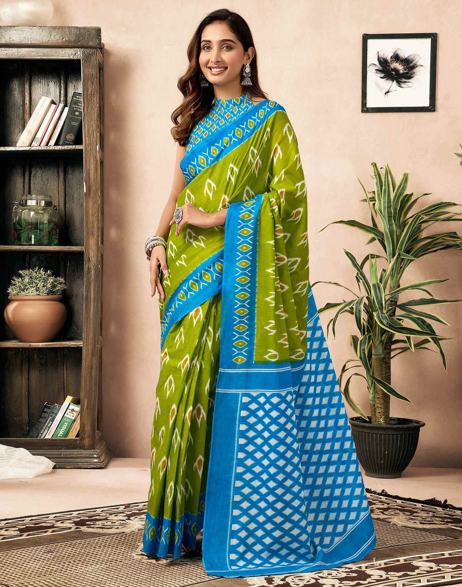 Ready To Wear Parrot Green Cotton Printed Saree - Image 9