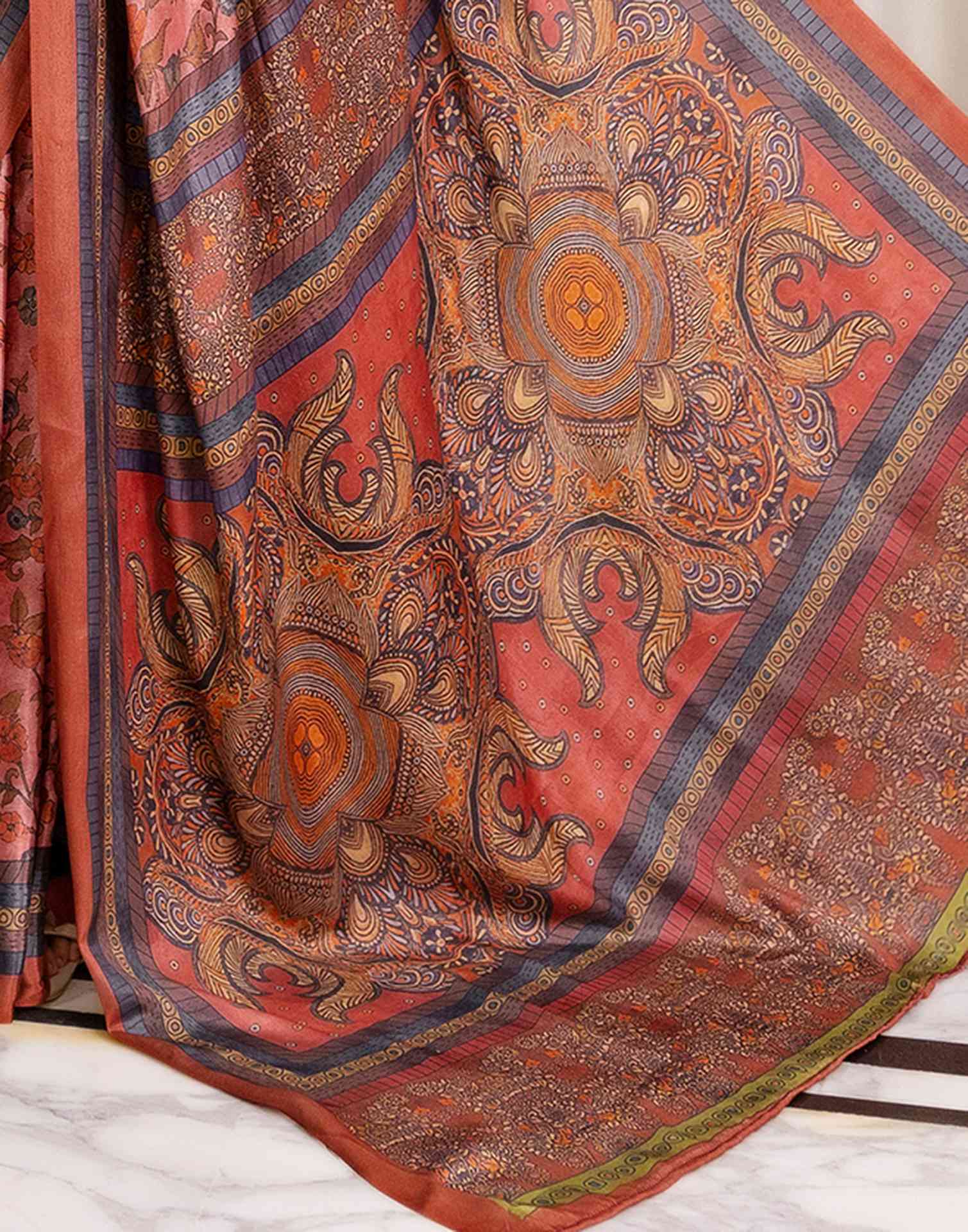 Ready To Wear Peach Chinnon Printed Saree - Image 10