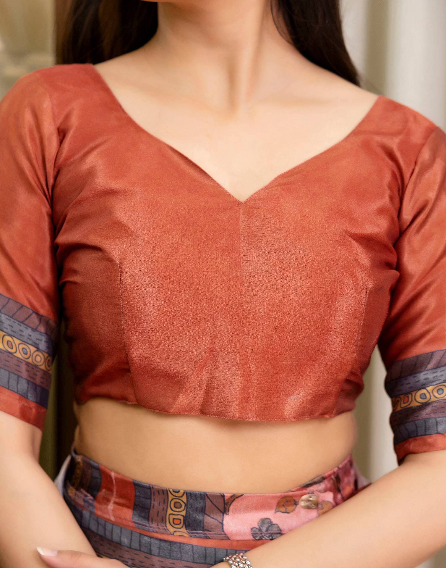 Ready To Wear Peach Chinnon Printed Saree - Image 11