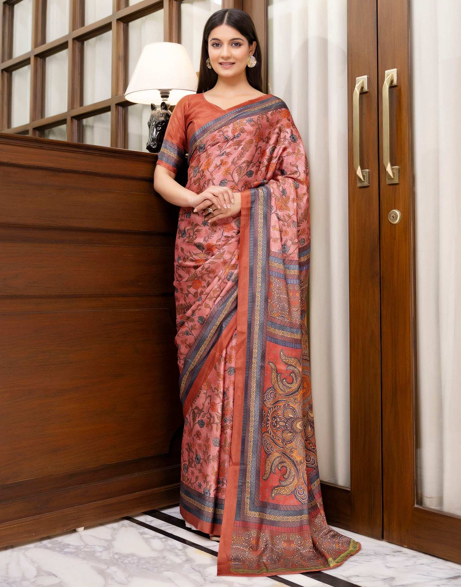 Ready To Wear Peach Chinnon Printed Saree - Image 2