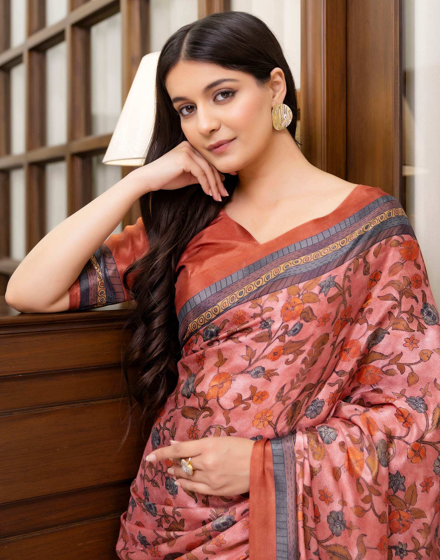 Ready To Wear Peach Chinnon Printed Saree - Image 4