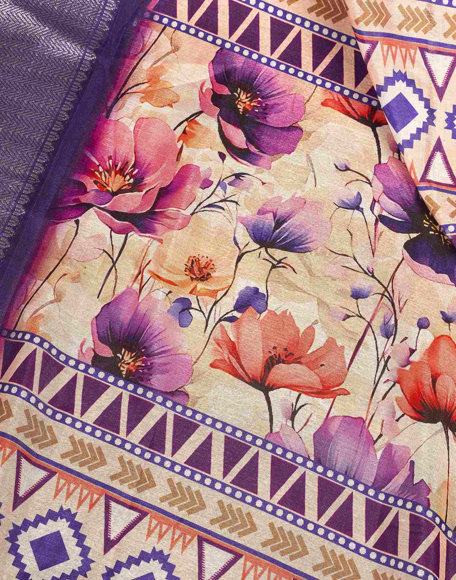 Ready To Wear Peach Dola Silk Printed Saree - Image 10