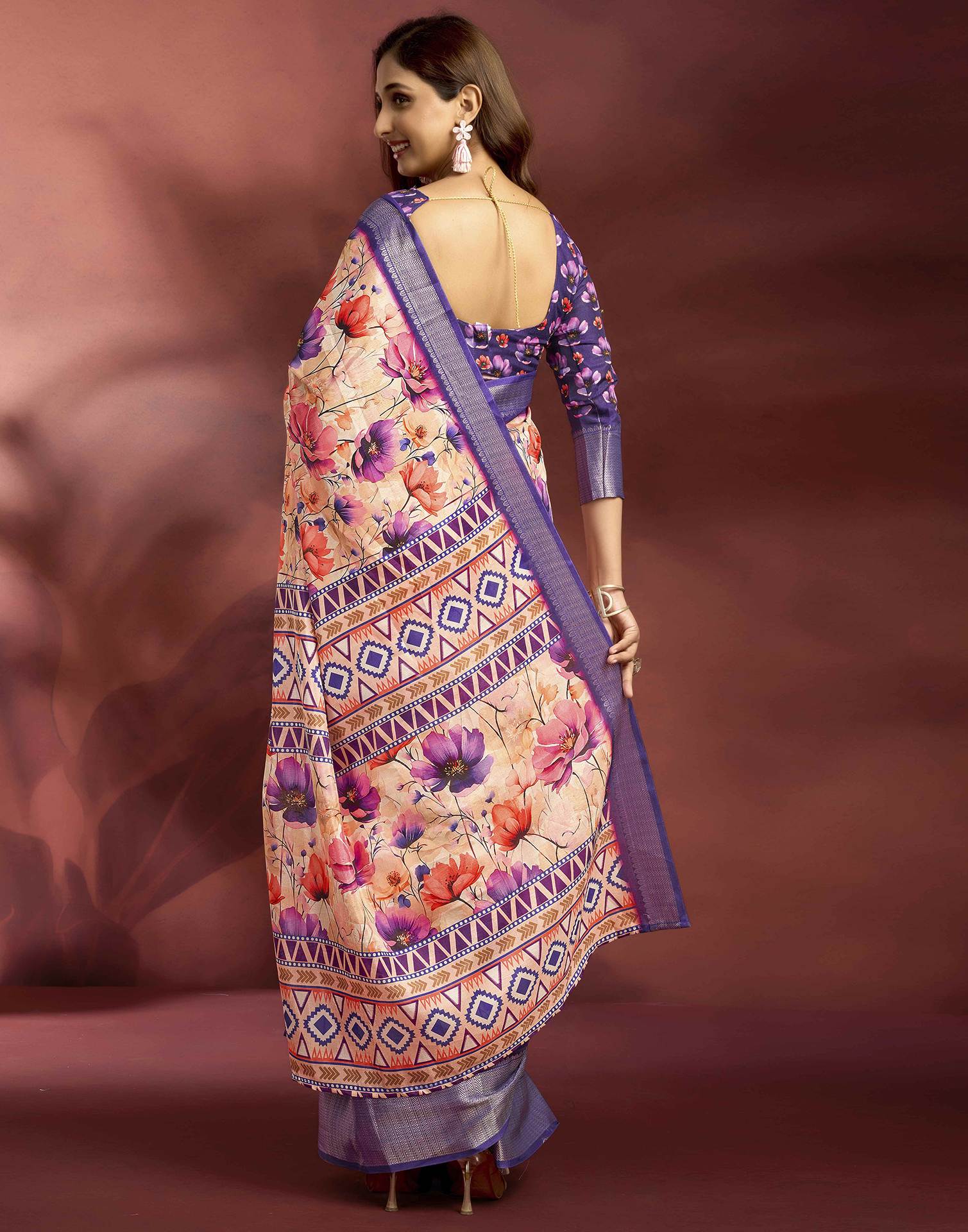 Ready To Wear Peach Dola Silk Printed Saree - Image 7