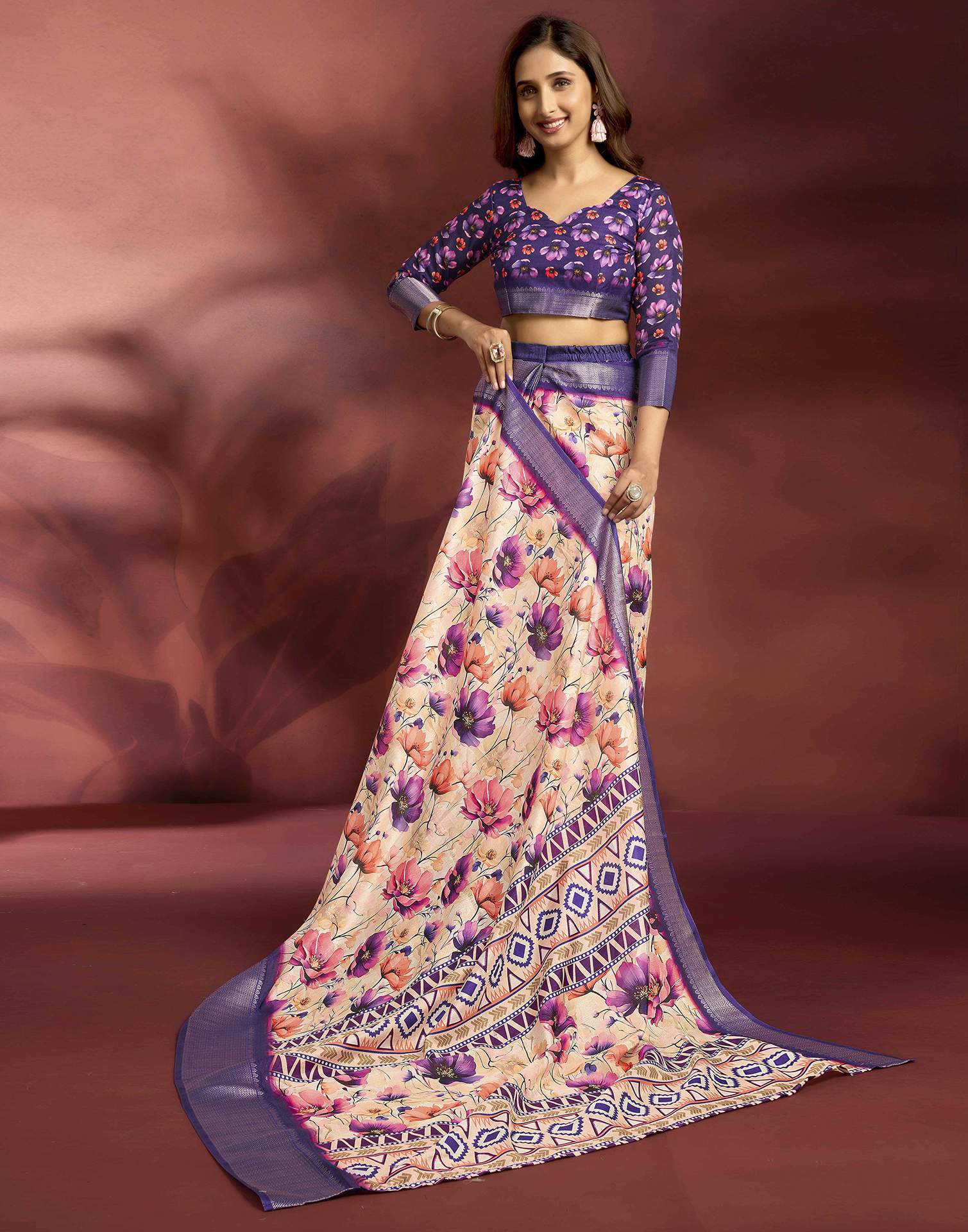Ready To Wear Peach Dola Silk Printed Saree - Image 9