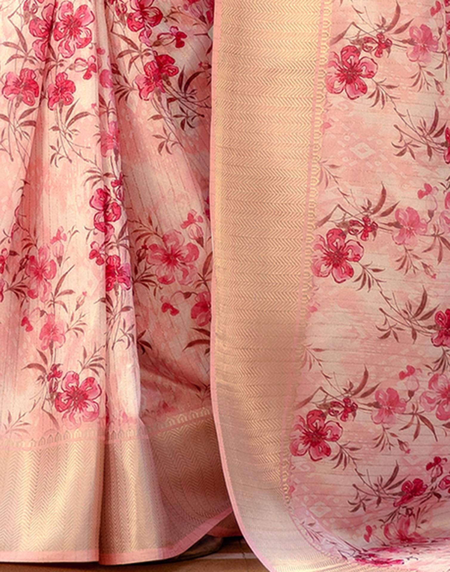 Ready To Wear Peach Dola Silk Woven Border Floral Printed Saree - Image 10