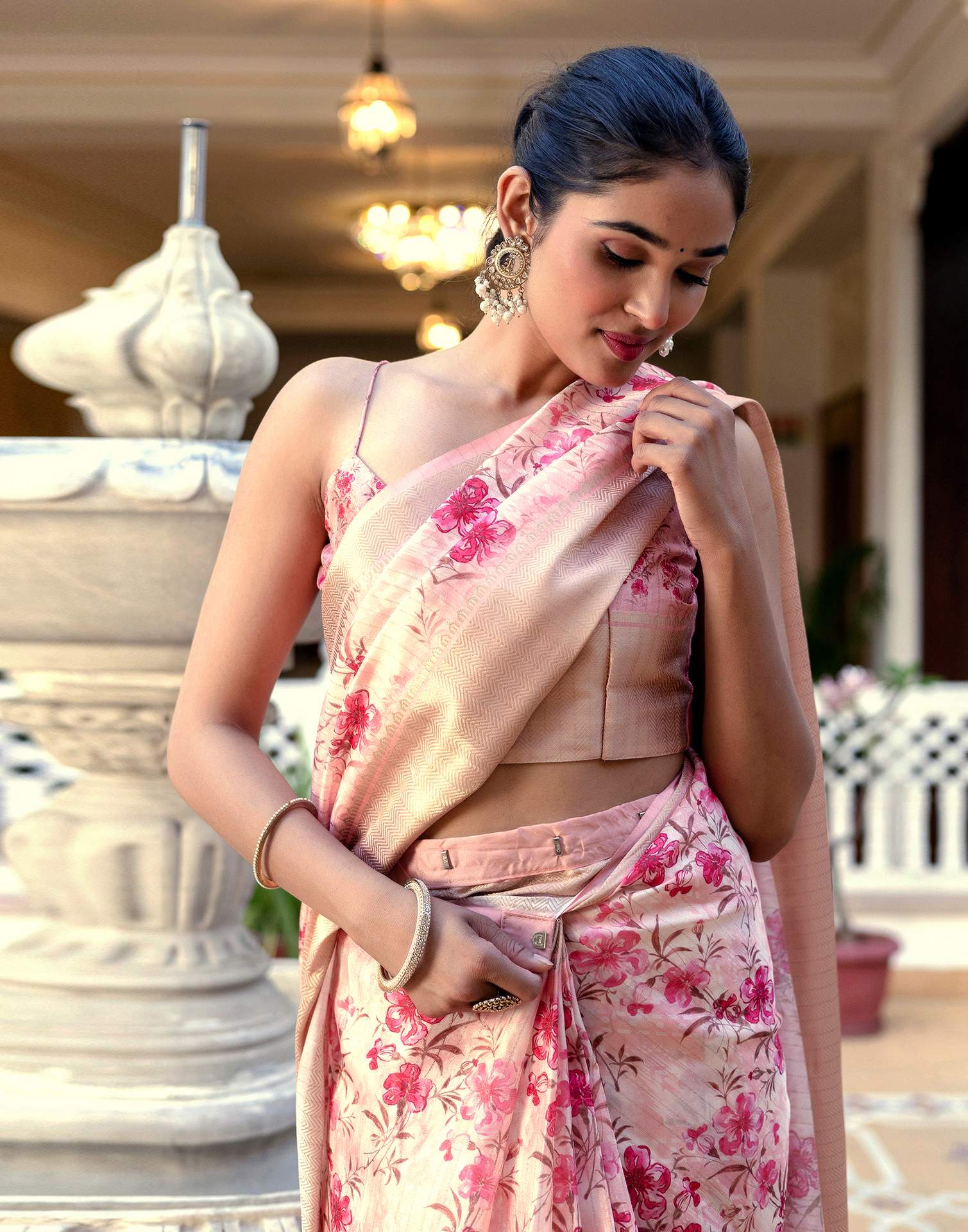 Ready To Wear Peach Dola Silk Woven Border Floral Printed Saree - Image 2