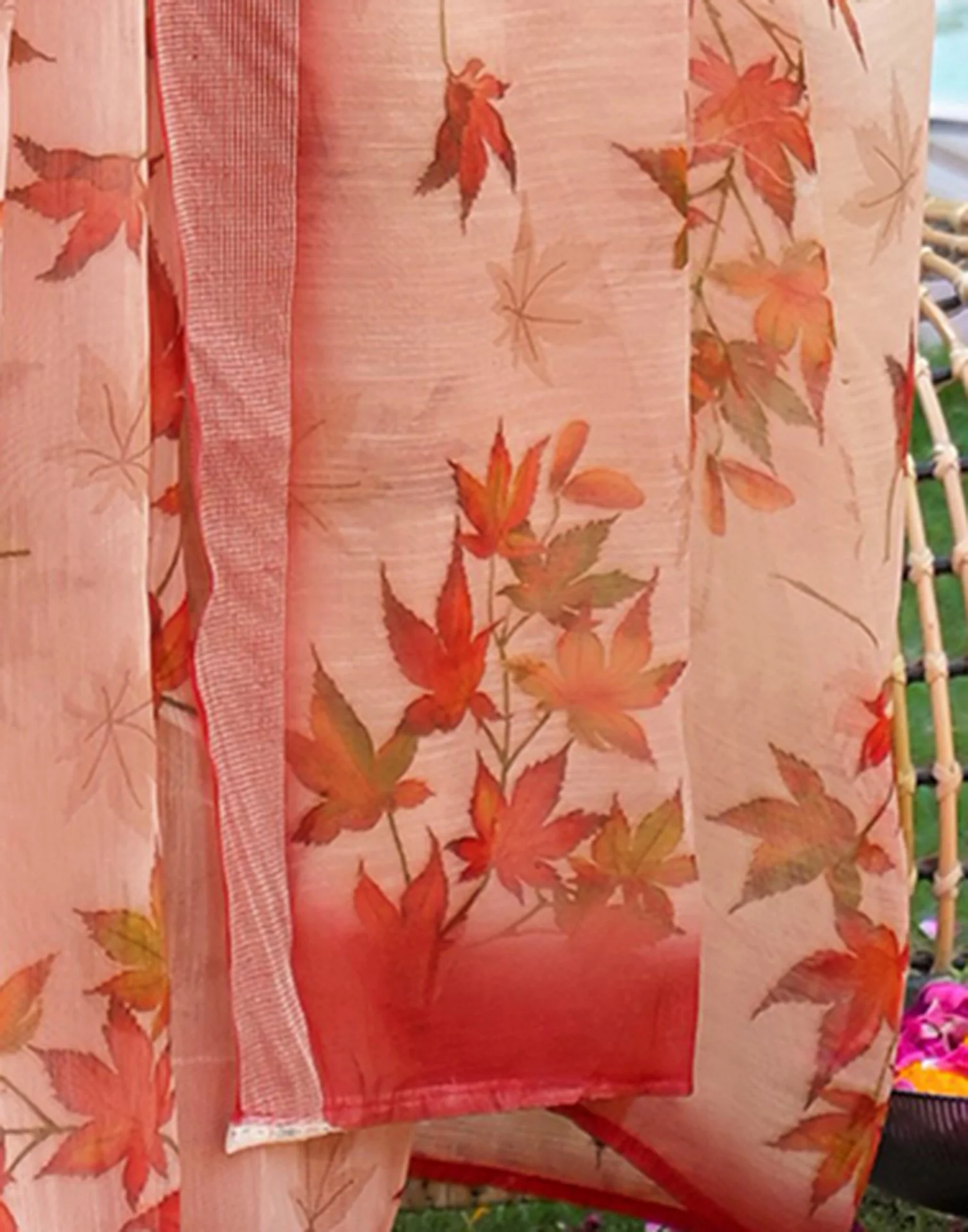 Ready To Wear Peach Linen Printed Embroidery Border Saree - Image 11