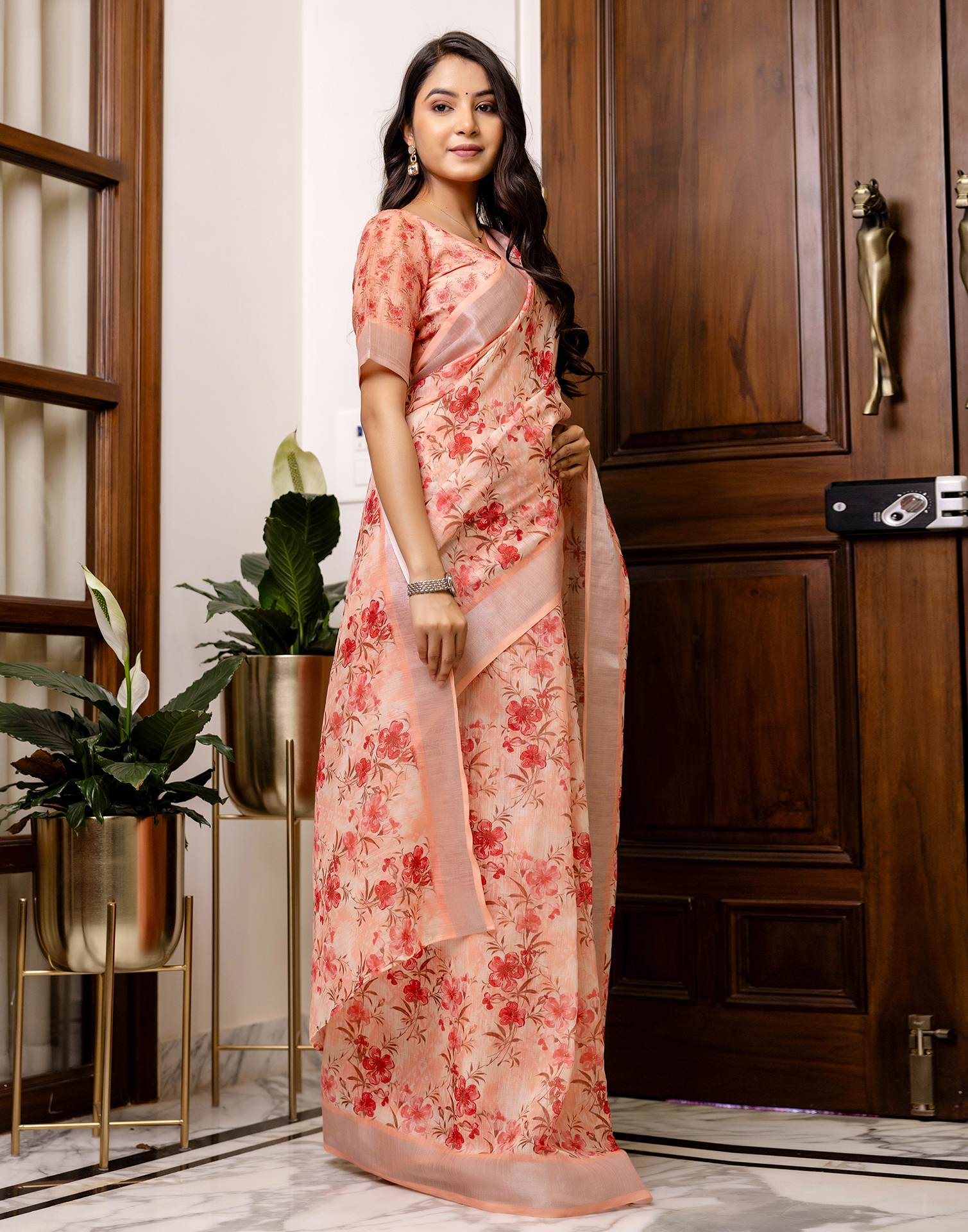 Ready To Wear Peach Linen Printed Saree - Image 7