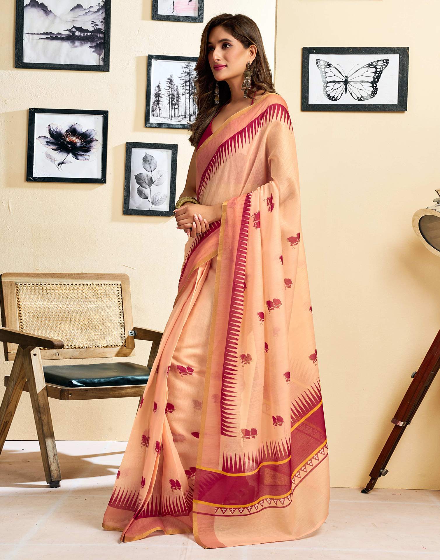 Ready To Wear Peach Linen Printed Saree - Image 5