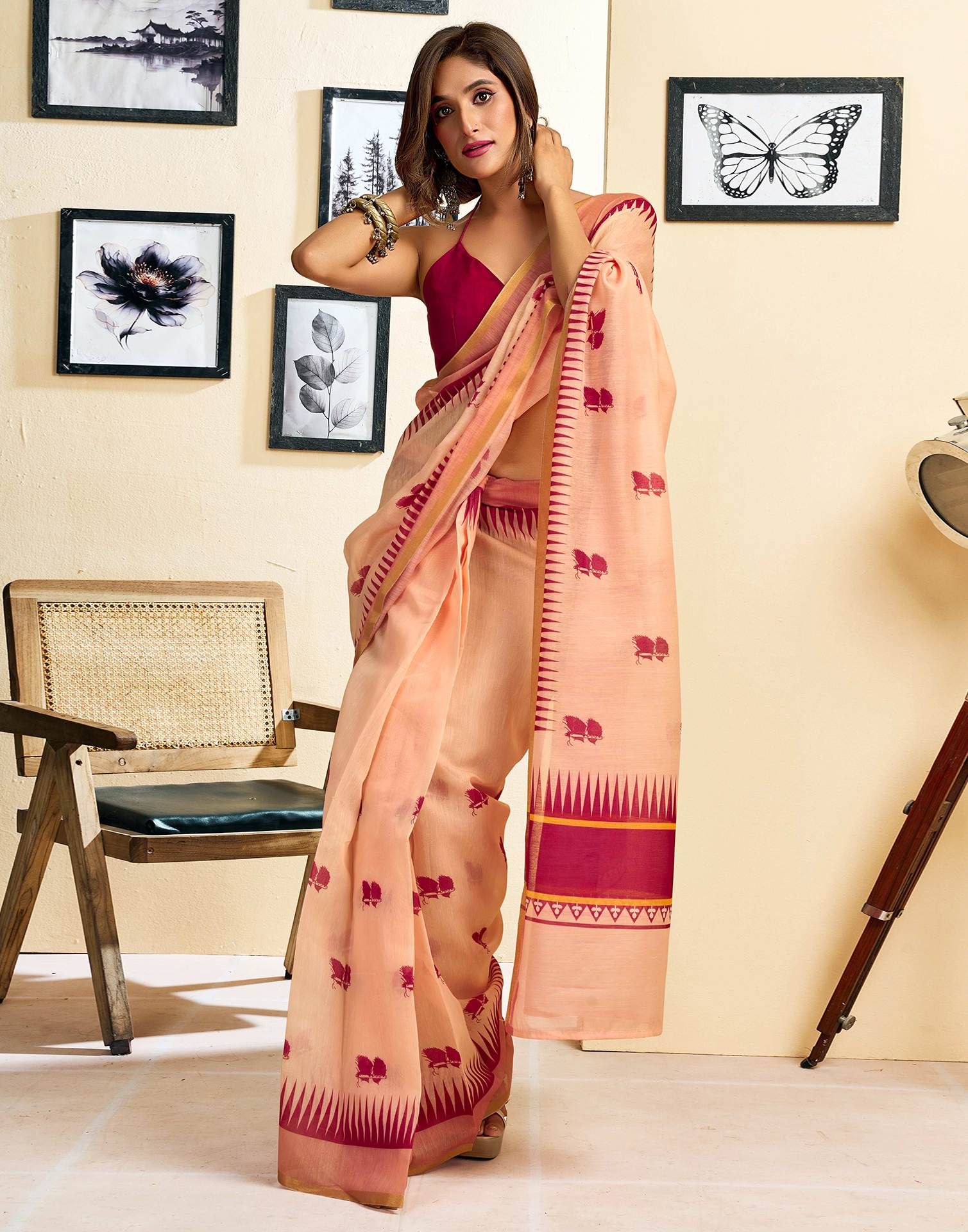 Ready To Wear Peach Linen Printed Saree - Image 6