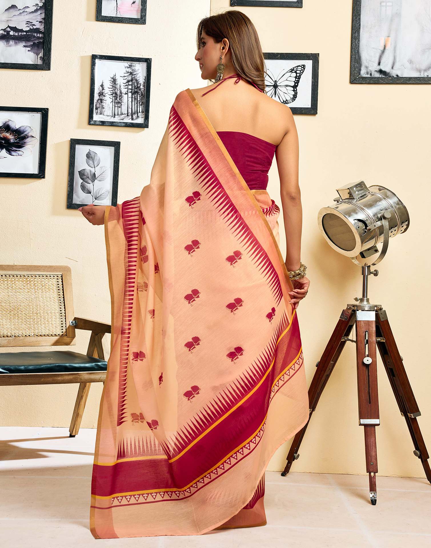 Ready To Wear Peach Linen Printed Saree - Image 7