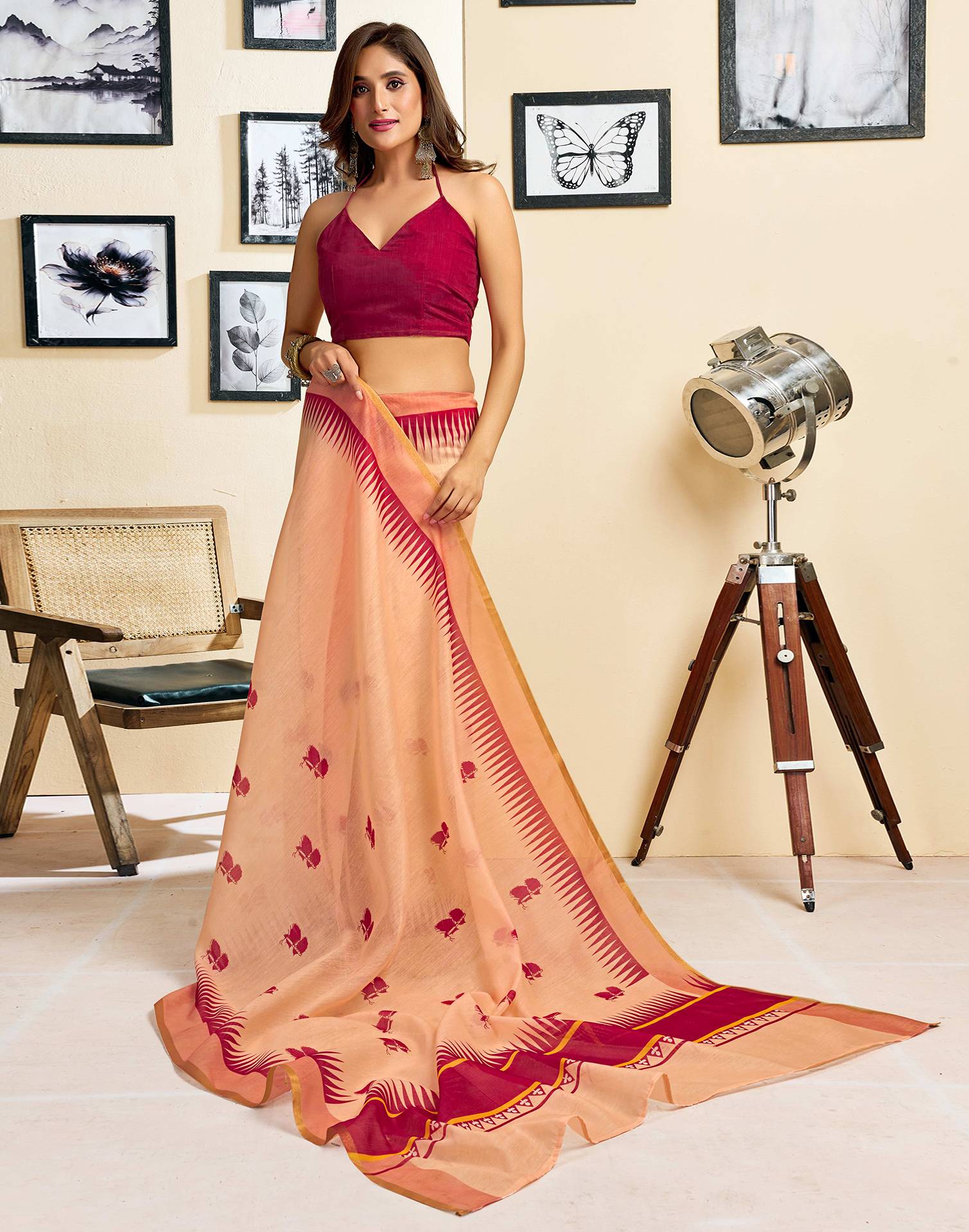 Ready To Wear Peach Linen Printed Saree - Image 9