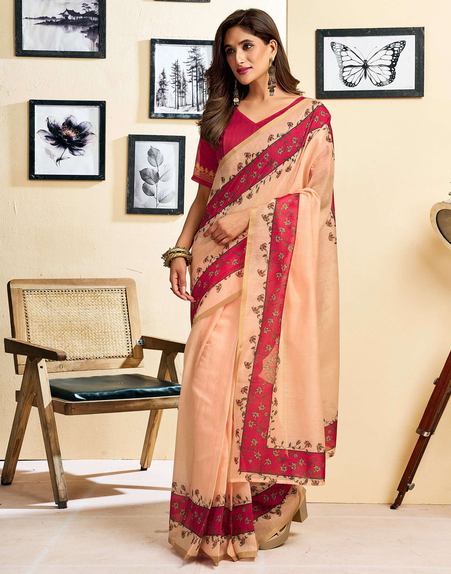 Ready To Wear Peach Linen Printed Saree - Image 2