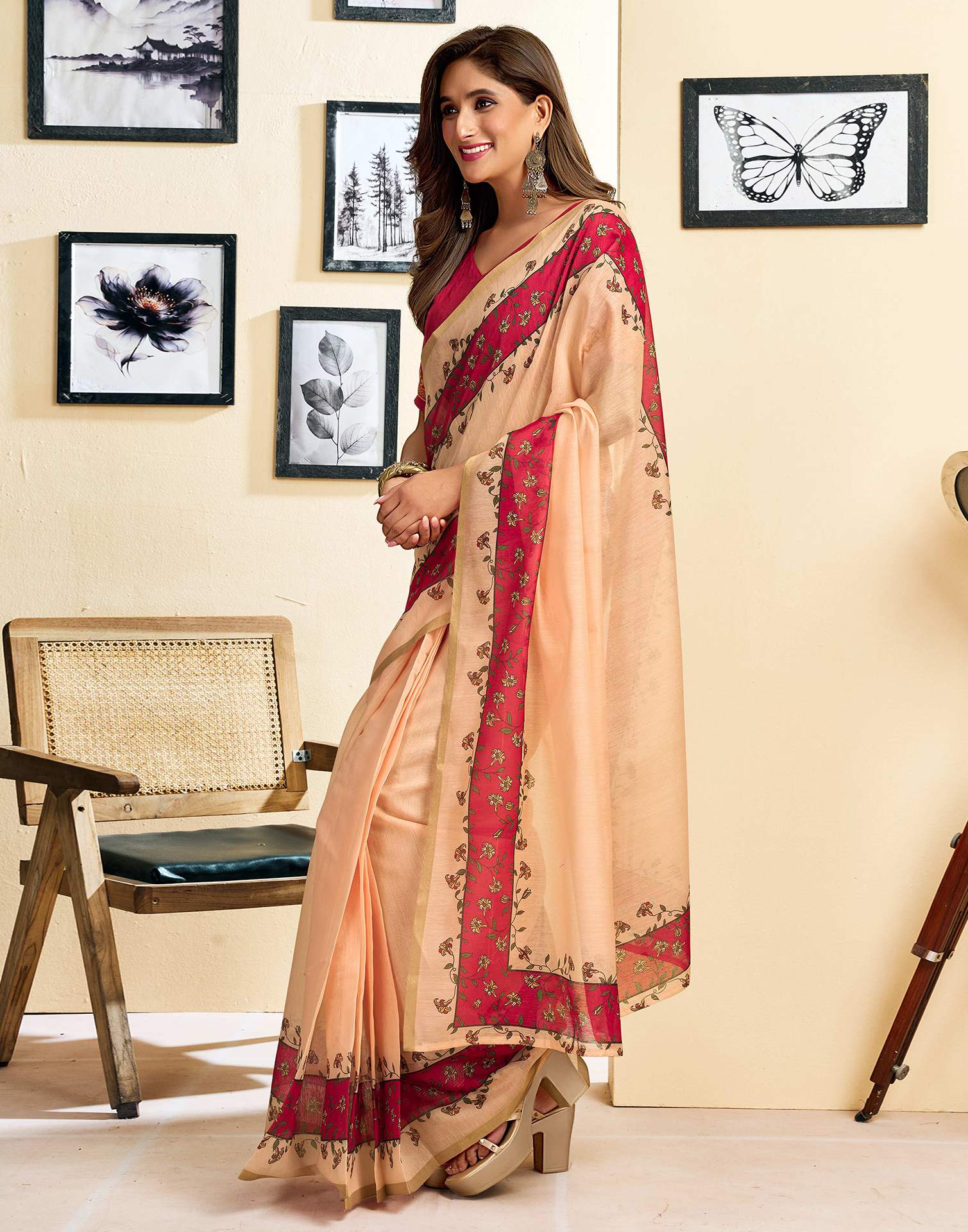 Ready To Wear Peach Linen Printed Saree - Image 5