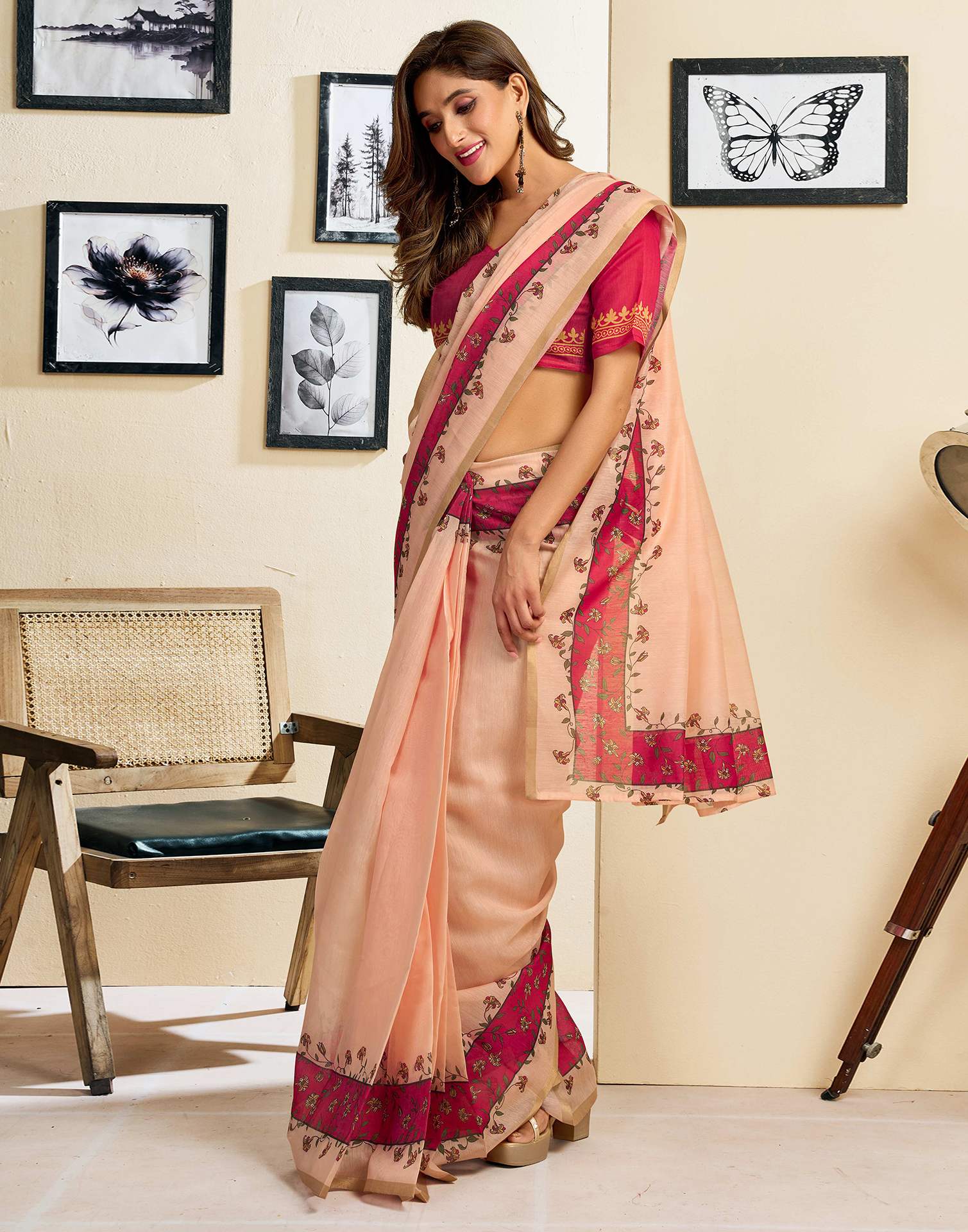 Ready To Wear Peach Linen Printed Saree - Image 6